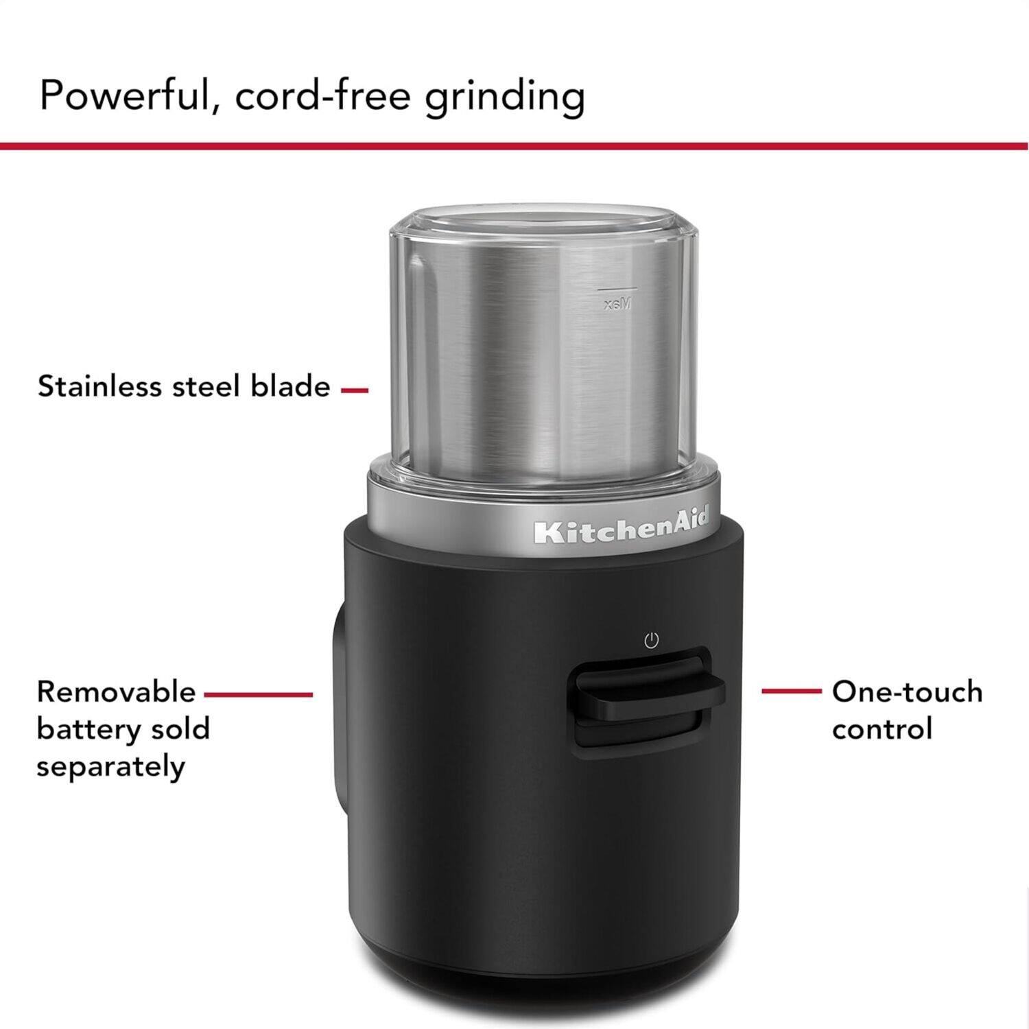 Powerful, cord-free grinding with a stainless steel blade. The KitchenAid features a removable battery that can be purchased separately. The grinder also has a one-touch control for easy operation.
