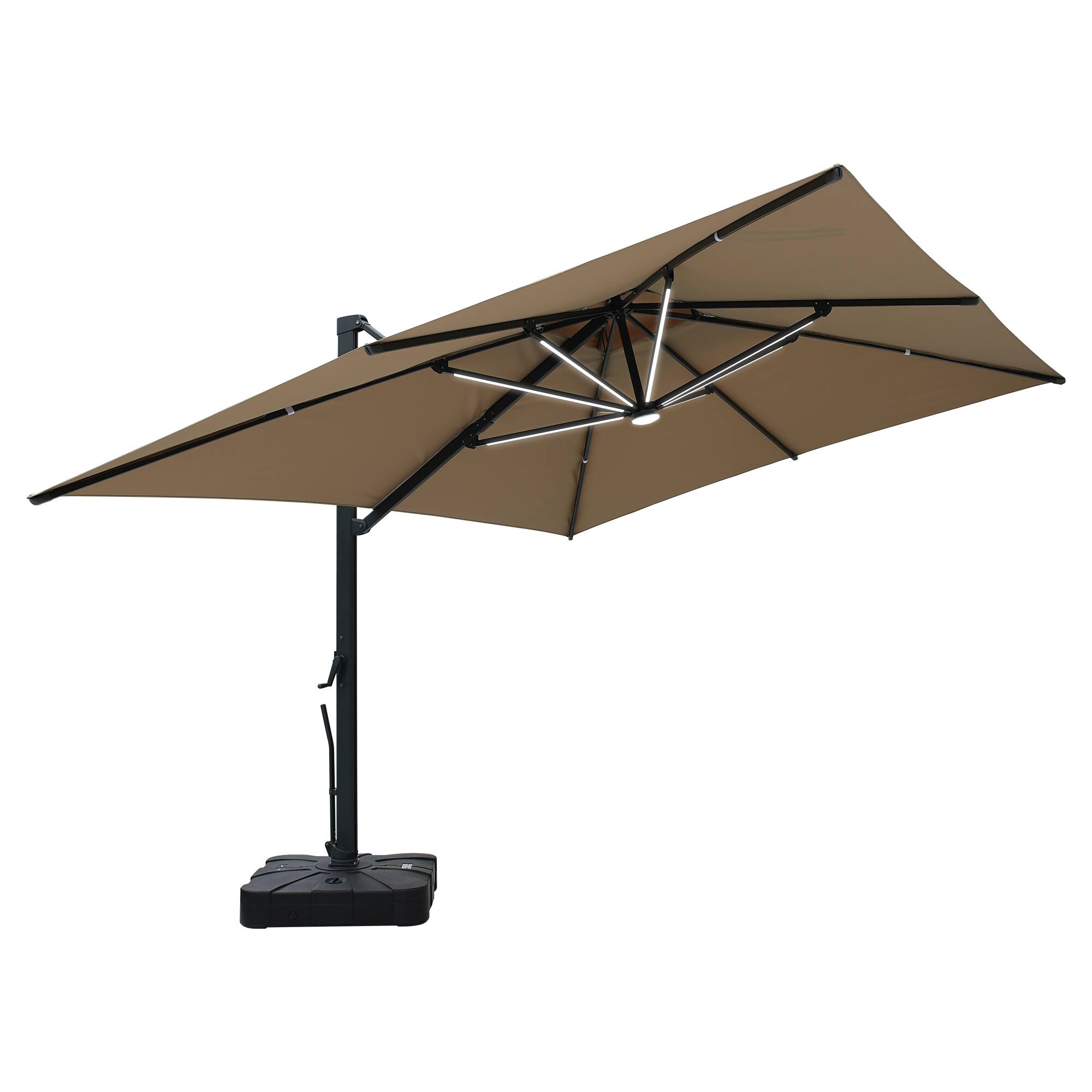 Left. Mondawe - 10*13ft Patio Cantilever Umbrella Double Top with Detachable LED Light Strip and Base - Tan.