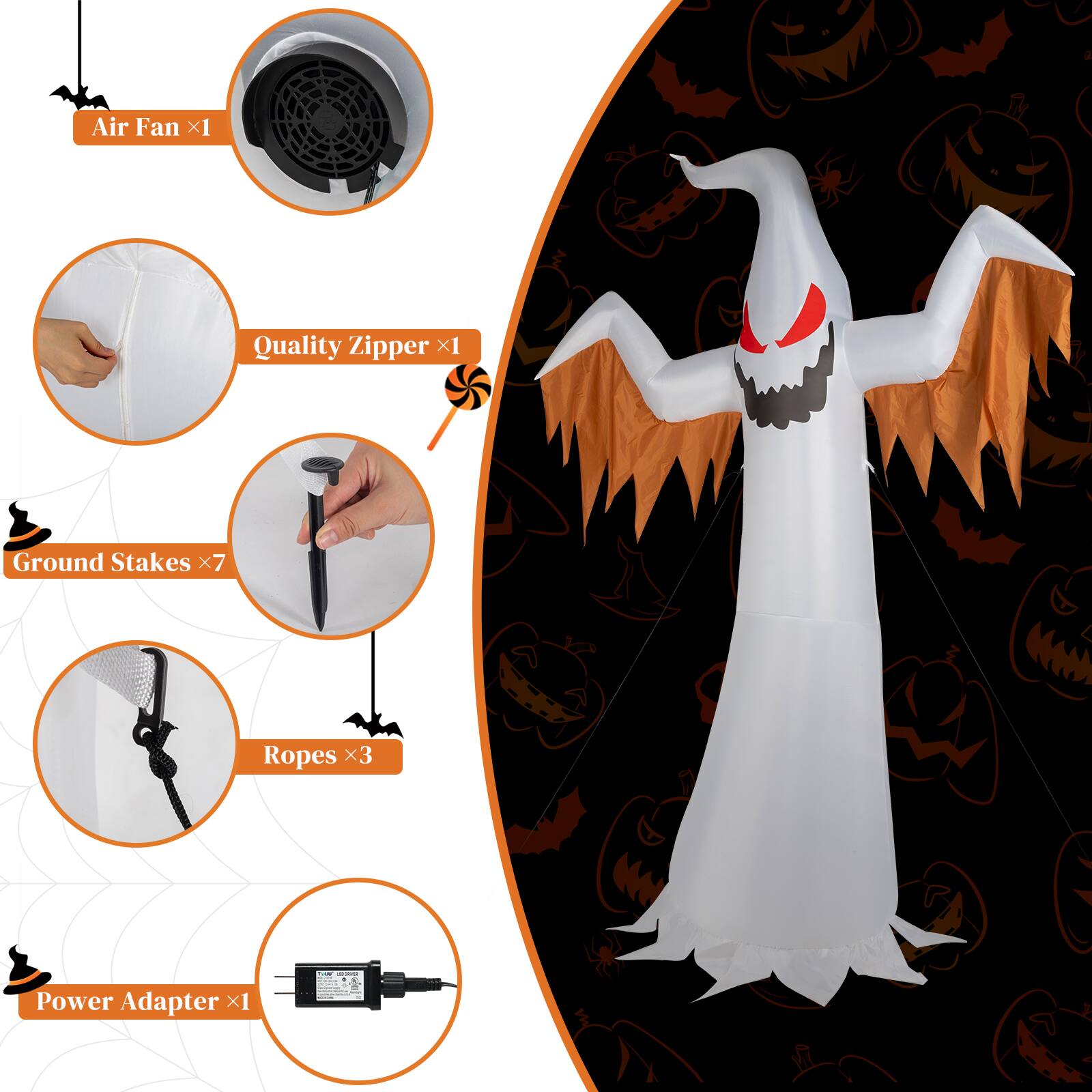 Air Fan X1  
Quality Zipper X1  
Ground Stakes X7  
Ropes X3  
Power Adapter X1
