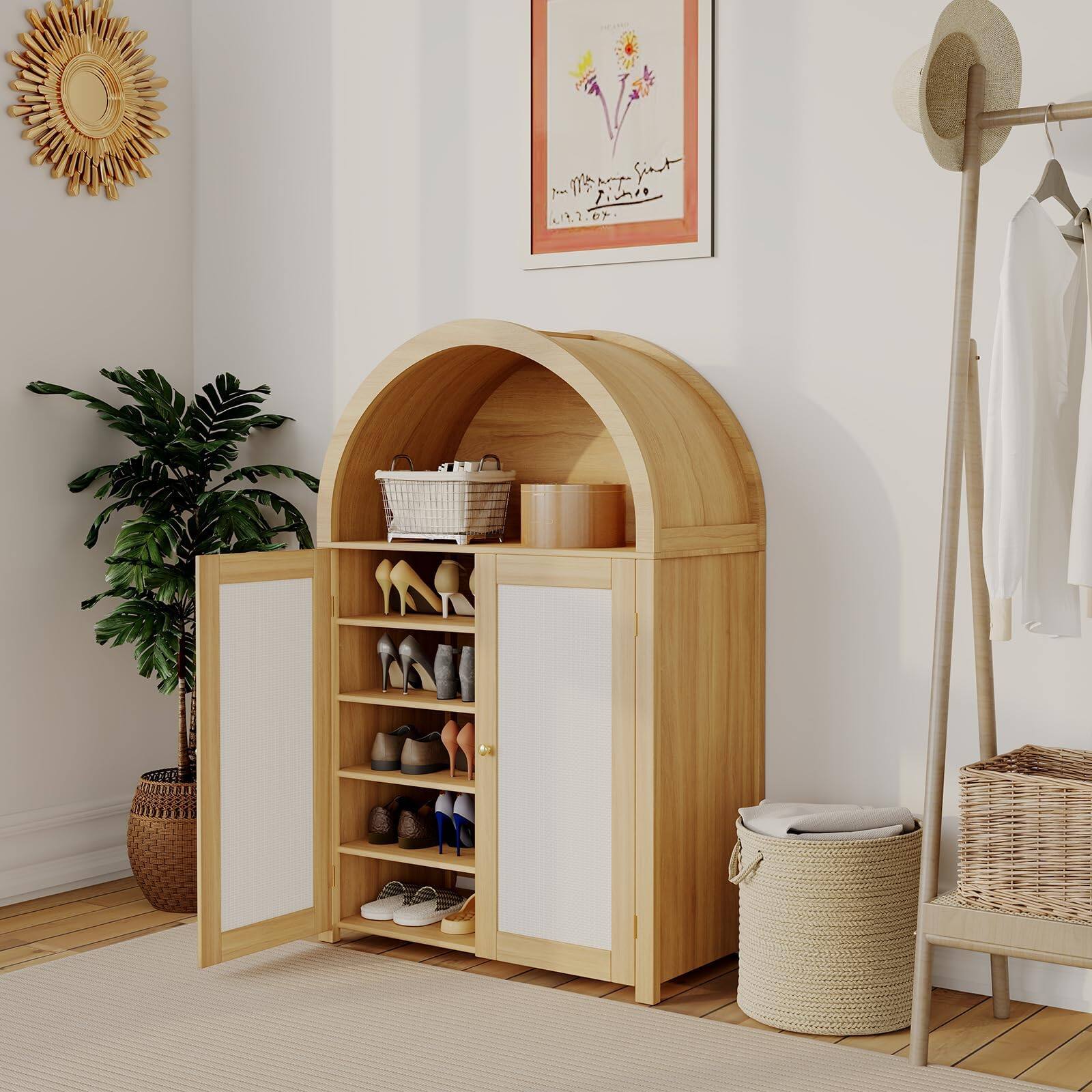 Jojoka - 31.5" Arched Shoe Cabinet, 5-Tier 47.8" Tall Rattan Shoe Storage Cabinet with 2 Doors, Open Shelf, Adjustable Shelves - Natural