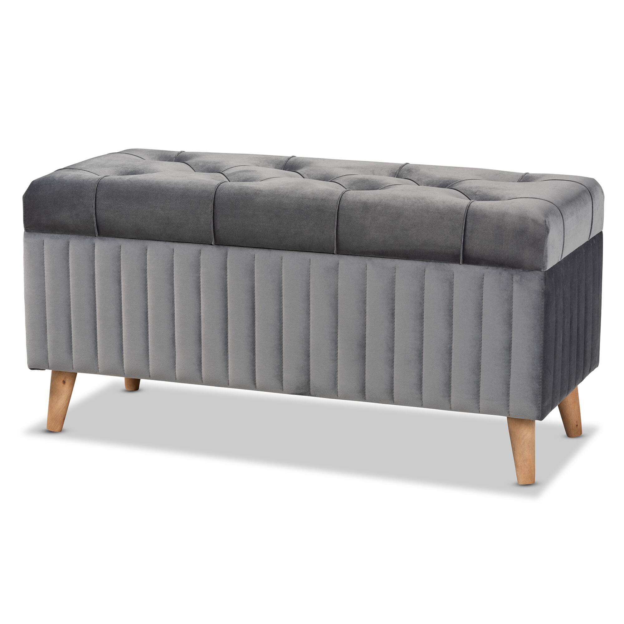 Baxton Studio - Hanley Modern and Contemporary Velvet Fabric Upholstered and Walnut Brown Finished Wood Storage Ottoman - Grey/Walnut Brown