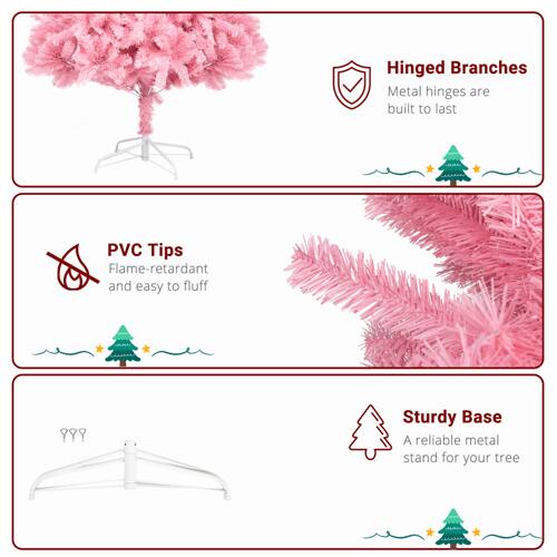 Hinged Branches  
Metal hinges are built to last  

PVC Tips  
Flame-retardant and easy to fluff  

Sturdy Base  
A reliable metal stand for your tree