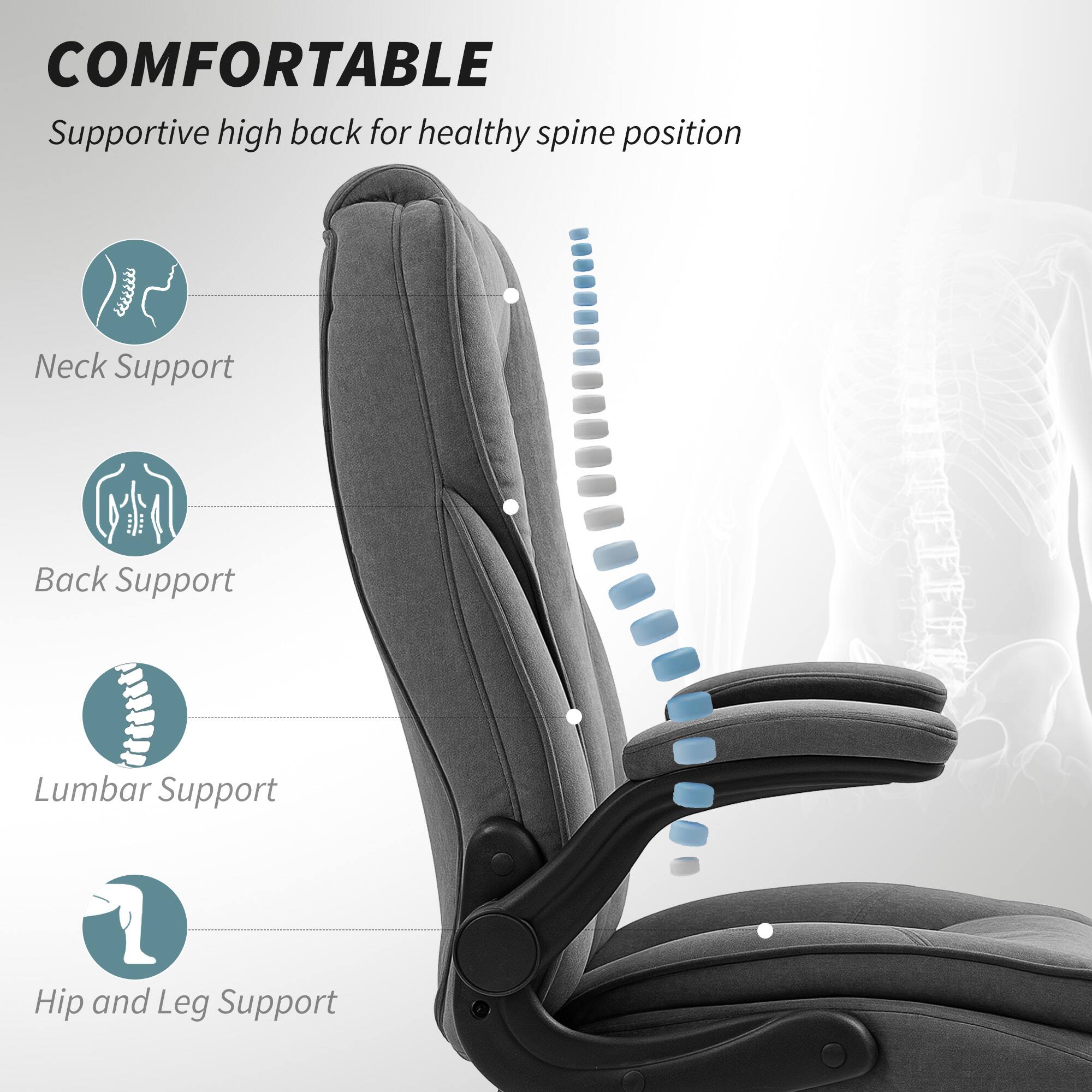 COMFORTABLE Supportive high back for healthy spine position Neck Support Back Support Lumbar Support Hip and Leg Support