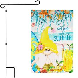 G128 - Combo Pack: Garden Flag Stand 36 x 16 in & 12 x 18 in Double-Sided Blockout Garden Flag, Summer Gnome - Assorted Colors