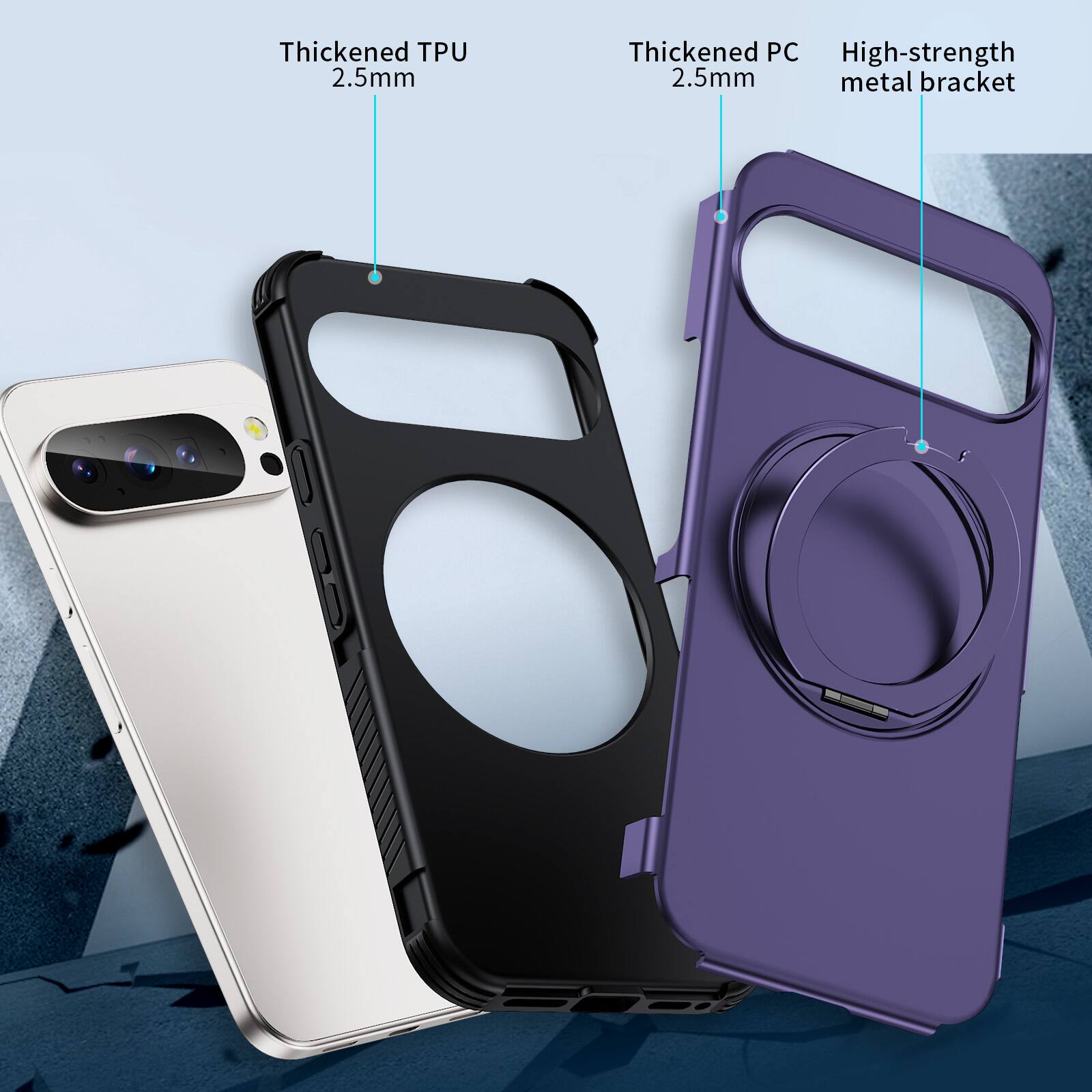 Thickened TPU 2.5mm  
Thickened PC 2.5mm  
High-strength metal bracket