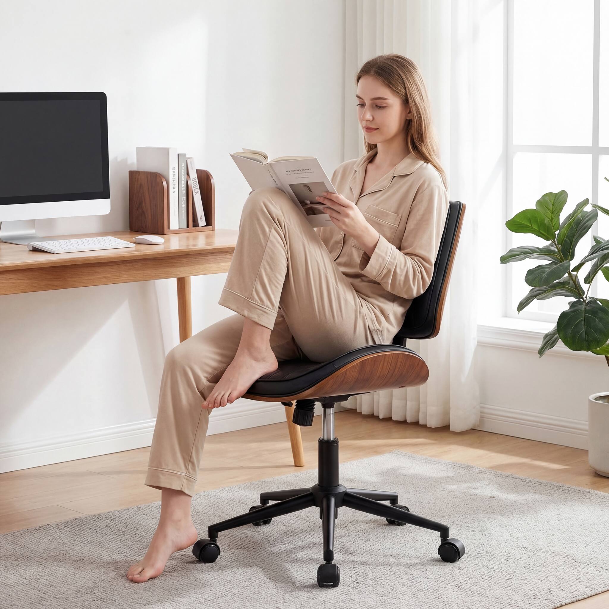 Angle. Brick Attic - Armless Leather Office Chair with  Wooden Backrest & U-Shaped Seat，Ergonomic Walnut Bentwood chair Adjustable Height - Black.