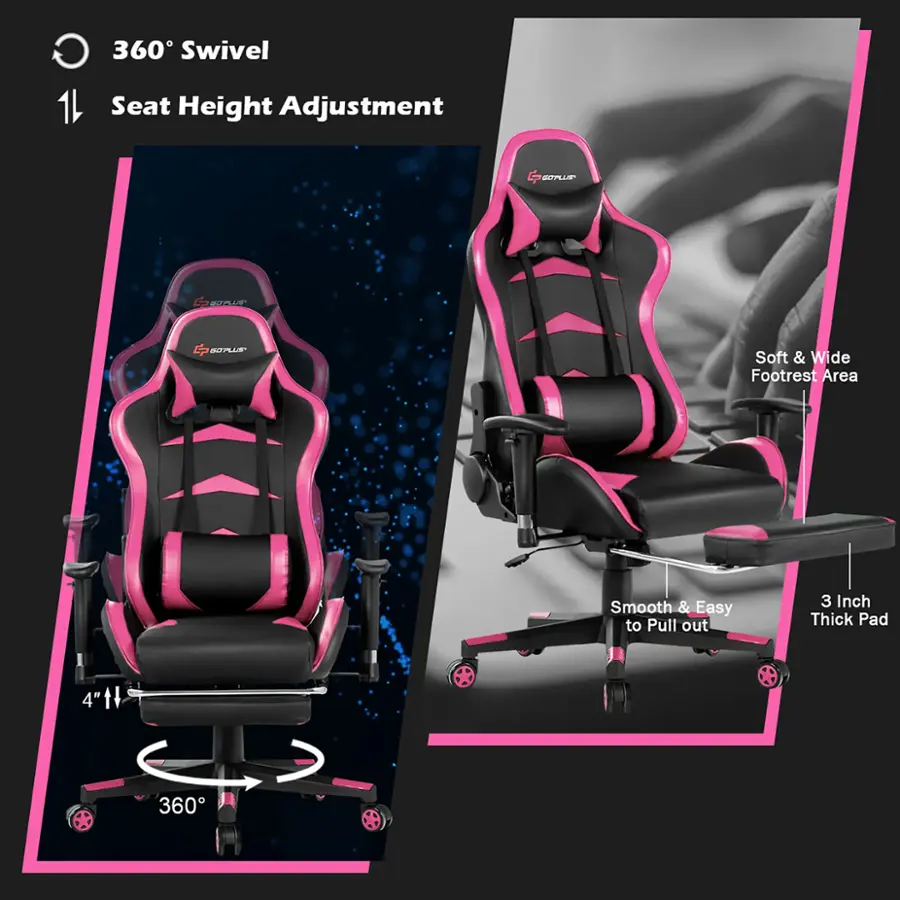 The text on the image reads: "360 Swivel Seat Height Adjustment Eaorue LasiT 4 qsonur P Soft & Wide Footrest Area Smooth & Easy to Pull out 3 Inch Thick Pad 4"th 4" 360".