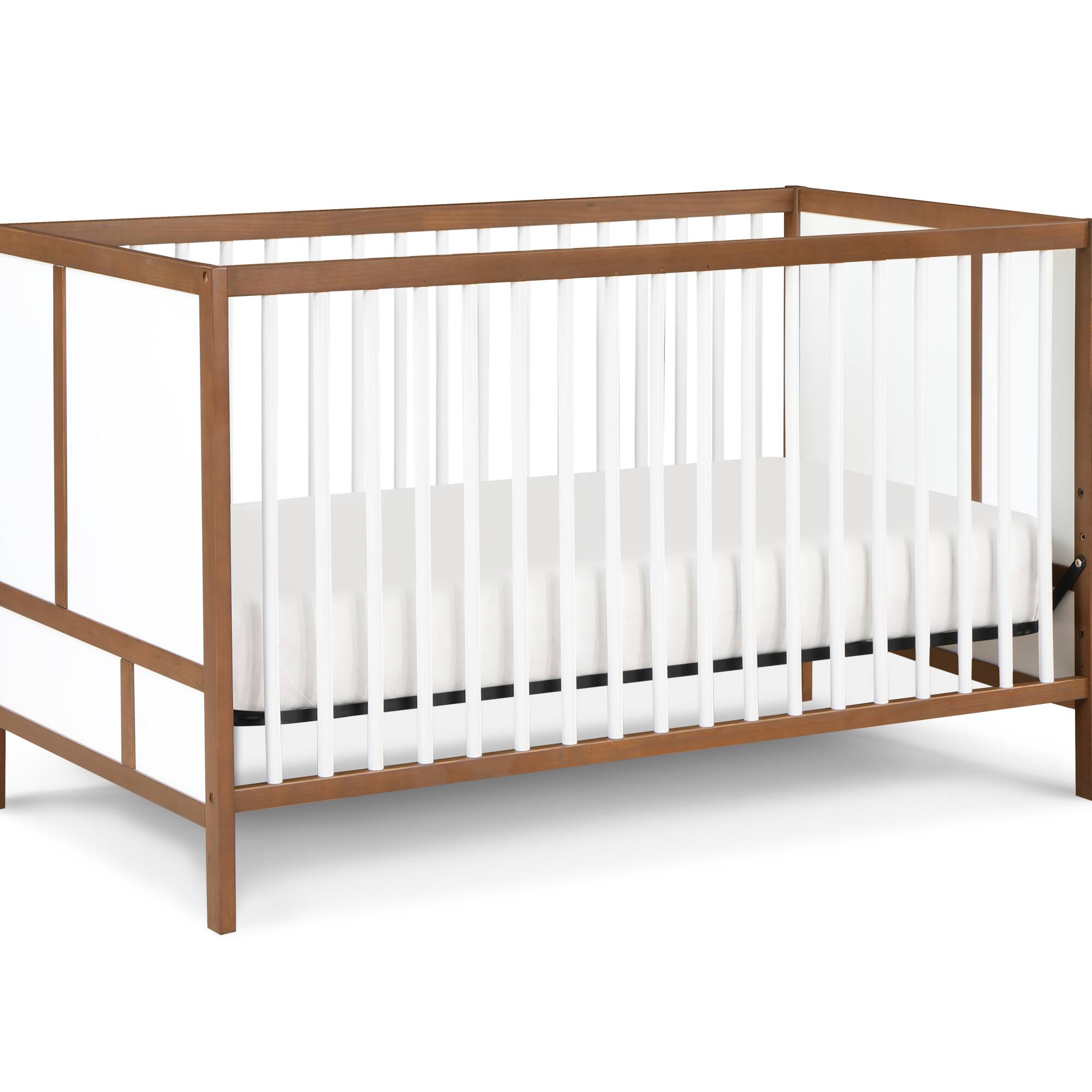 Angle. GOODSILO - Modern 3-in-1 Convertible Wooden Crib with Adjustable Mattress Heights for Nursery Bedroom - Walnut.