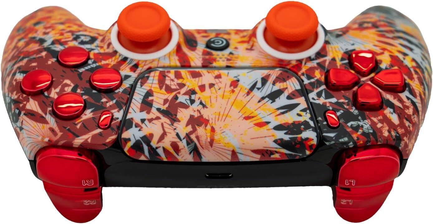 Back. Custom Controllerzz - Custom Wireless Controller for PS5 - Solar Flare & Red Chrome Inserts.