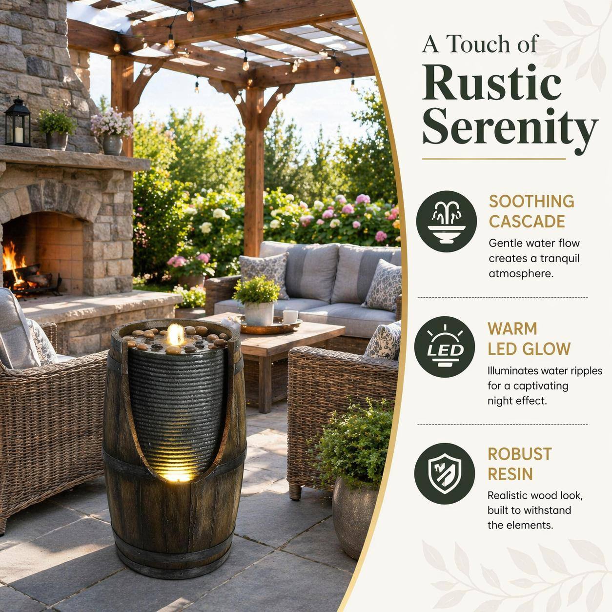 A Touch of Rustic Serenity

SOOTHING CASCADE
Gentle water flow creates a tranquil atmosphere.

WARM LED GLOW
Illuminates water ripples for a captivating night effect.

ROBUST RESIN
Realistic wood look, built to withstand the elements.