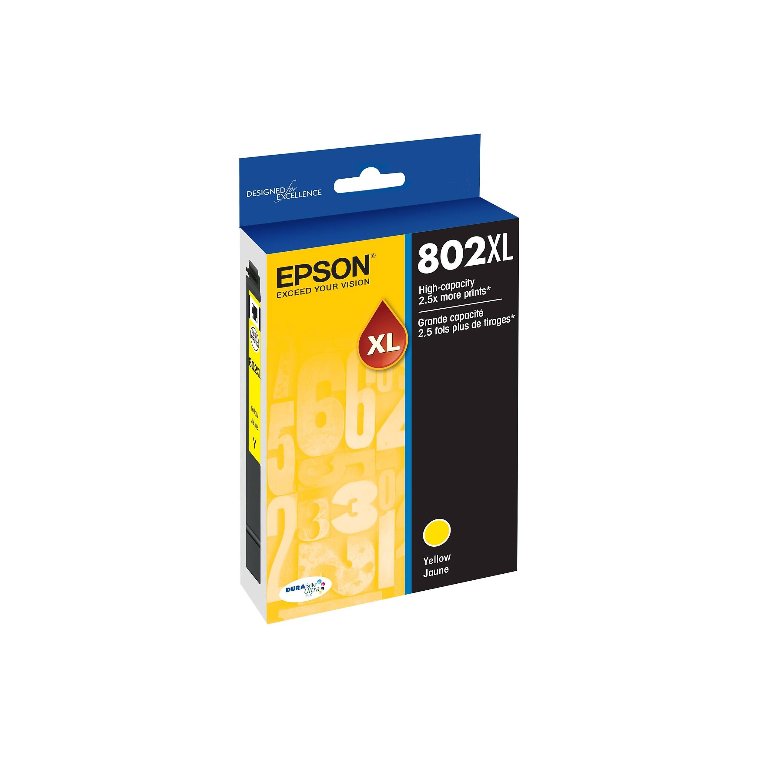 DESIGNED FOR EXCELLENCE  
EPSON 802XL  
EXCEED YOUR VISION  
High-capacity  
2.5x more prints*  
Grande capacité  
2,5 fois plus de tirages*  
XL  
Yellow  
Jaune
