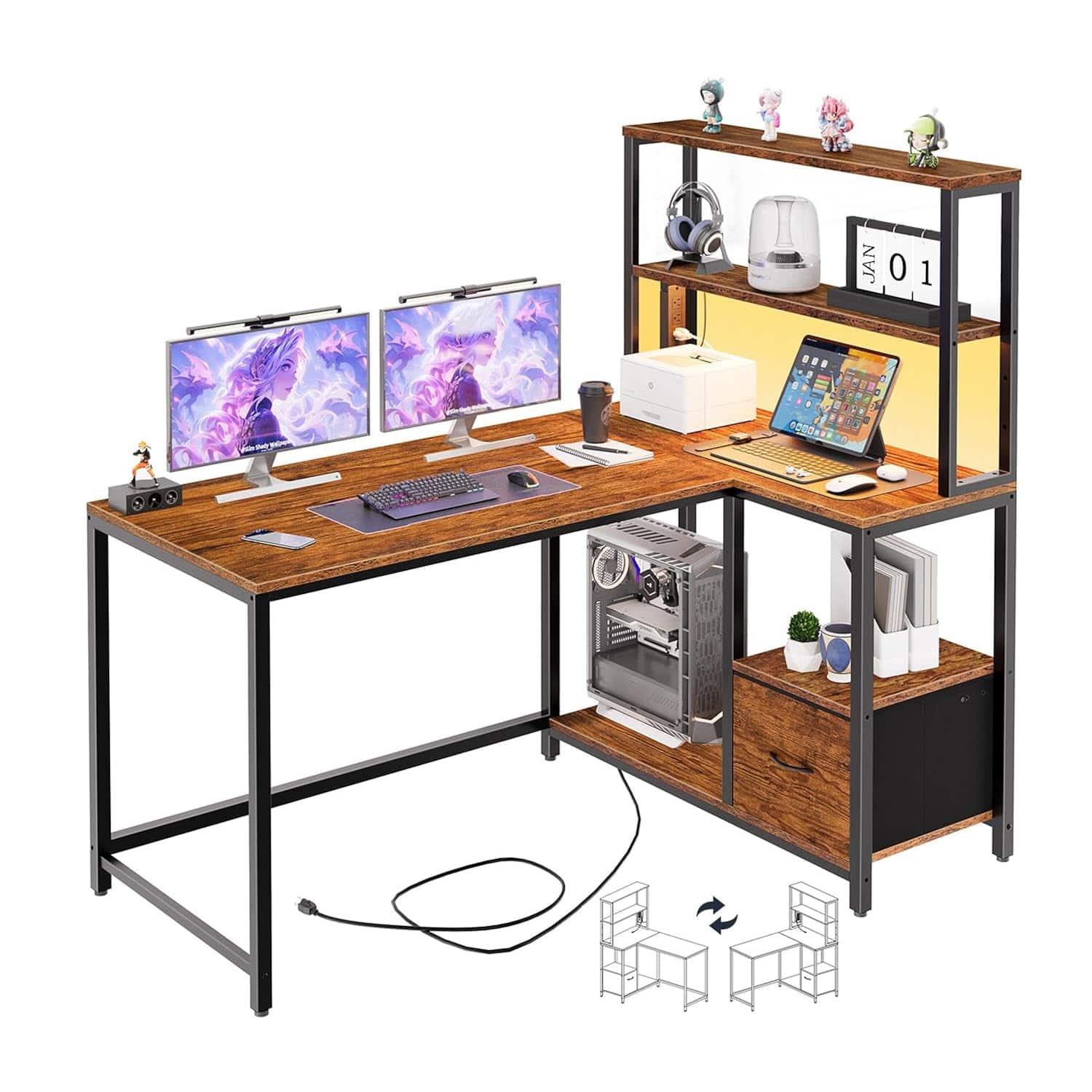 Zell Electronics - 46 Inch Rustic Gaming DeskL-Shaped Corner with LED, Power Outlet, Shelves & Drawer Storage - Rustic Brown, Black