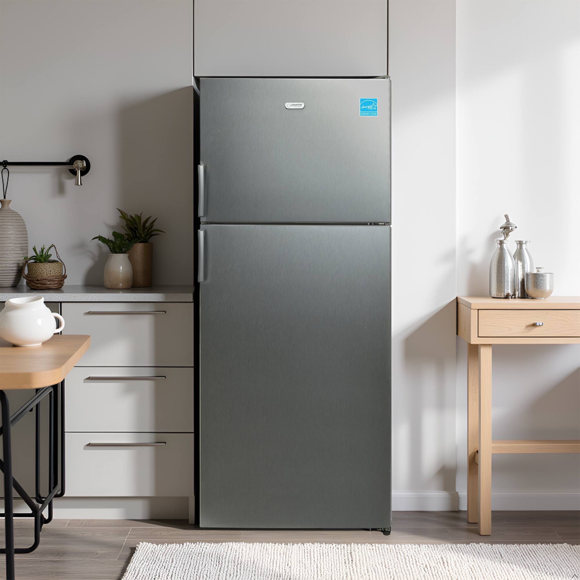 Left. Equator - Equator 14.3 cf Stainless Refrigerator-Freezer Top Mount Frost Free E-Star Europe - Stainless.