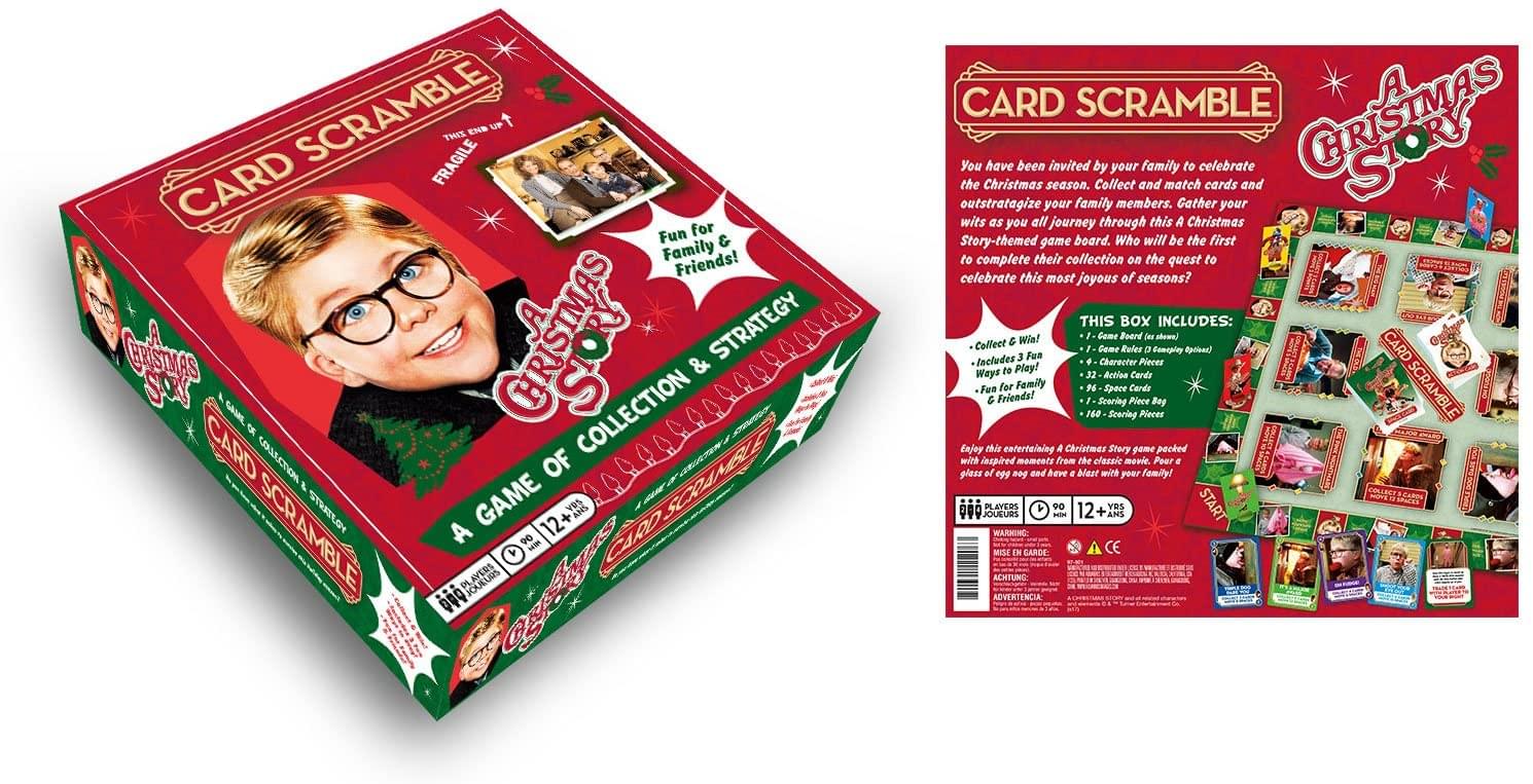 CARD SCRAMBLE  
FRAGILE THIS END UP  
CARD SCRAMBLE  
Fun for Family & Friends!  

1019 STRATEGY  
A GAME OF CHRISTMAS STORY  
COLLECTION & STRATEGY  

You have been invited by your family to celebrate the Christmas season. Collect and match cards and outsmart your family members. Gather your wits as you all journey through this A Christmas Story-themed game board. Who will be the first to complete their collection on the quest to celebrate this most joyous of seasons?  

THIS BOX INCLUDES:  
- Game Board  
- 32 Action Cards  
- 160 Scoring Pieces  
- 3 Character Pieces  
- Game Rules  

Enjoy this entertaining Christmas Story game packed with inspired moments from the classic movie!  

CARD SCRAMBLE  
A GAME OF CHRISTMAS STORY  
COLLECTION & STRATEGY  

Fun for Family & Friends!  

You have been invited by your family to celebrate the Christmas season. Collect and match cards and outsmart your family members. Gather your wits as you all journey through this A Christmas Story-themed game board. Who will be the first to complete their collection on the quest to celebrate this most joyous of seasons?  

THIS BOX INCLUDES:  
- Game Board