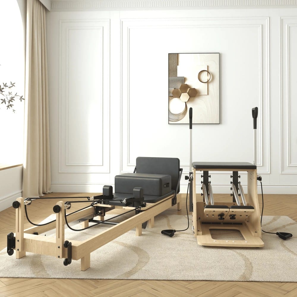 Front. Syedee - Syedee Pilates Reformer Machine, Wood Pilates Machine Bed Yoga Exercise Strength Training Equipment with Pilates Chair - Brown.