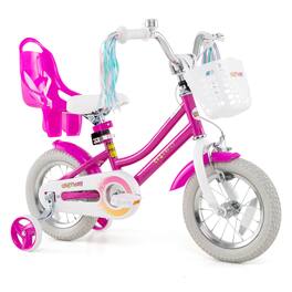 Costway - 12 Inch Kids Bike with Training Wheels Doll Seat Basket Streamers Hand Brake - Pink