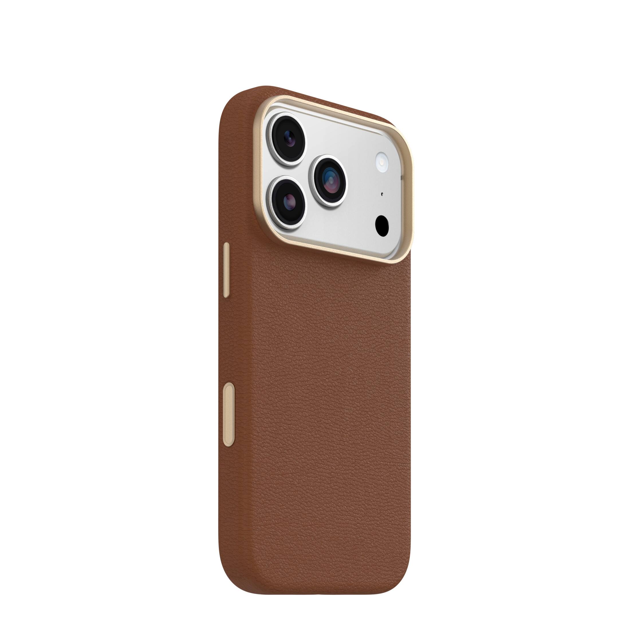 Angle. OtterBox - Symmetry Series Cactus Leather Hard Shell for Apple iPhone 18 Pro and Apple iPhone 17 Pro - Desert Saddle.