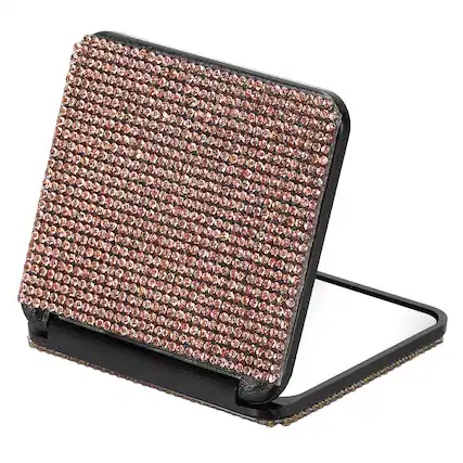 Front. Unique Bargains - Rhinestone Compact Mirror, Rectangle Double-Sided Folding Pocket Mirror Portable for Women Girls Purse - Champagne Gold.