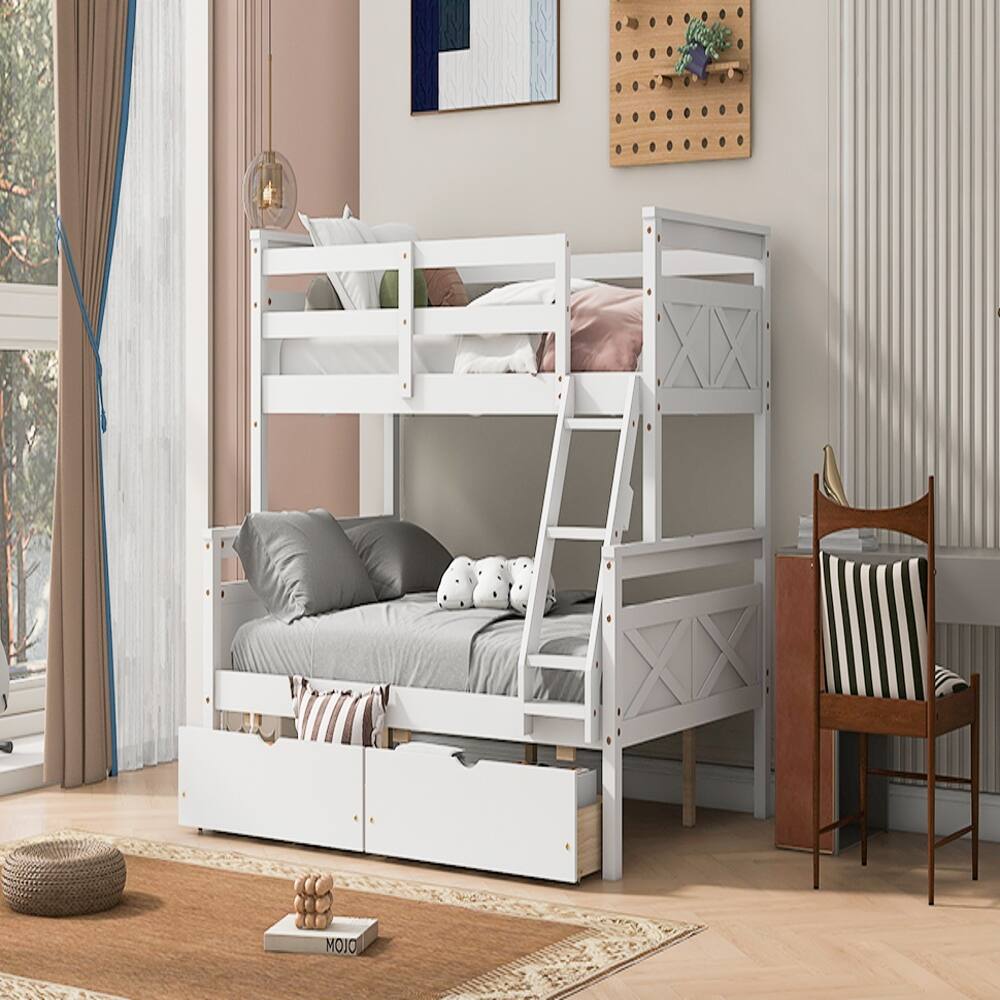 Back. Loheer - Loheer Twin Over Full Bunk Bed White with Drawers and Ladder - White.
