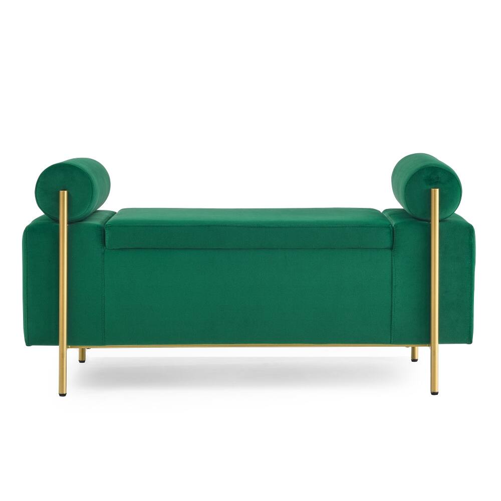 Alt View 6. Ropilly - Ropilly Green Velvet Storage Bench, Upholstered Ottoman with Cylindrical Arms and Gold Legs for Bedroom Hallway - Green.