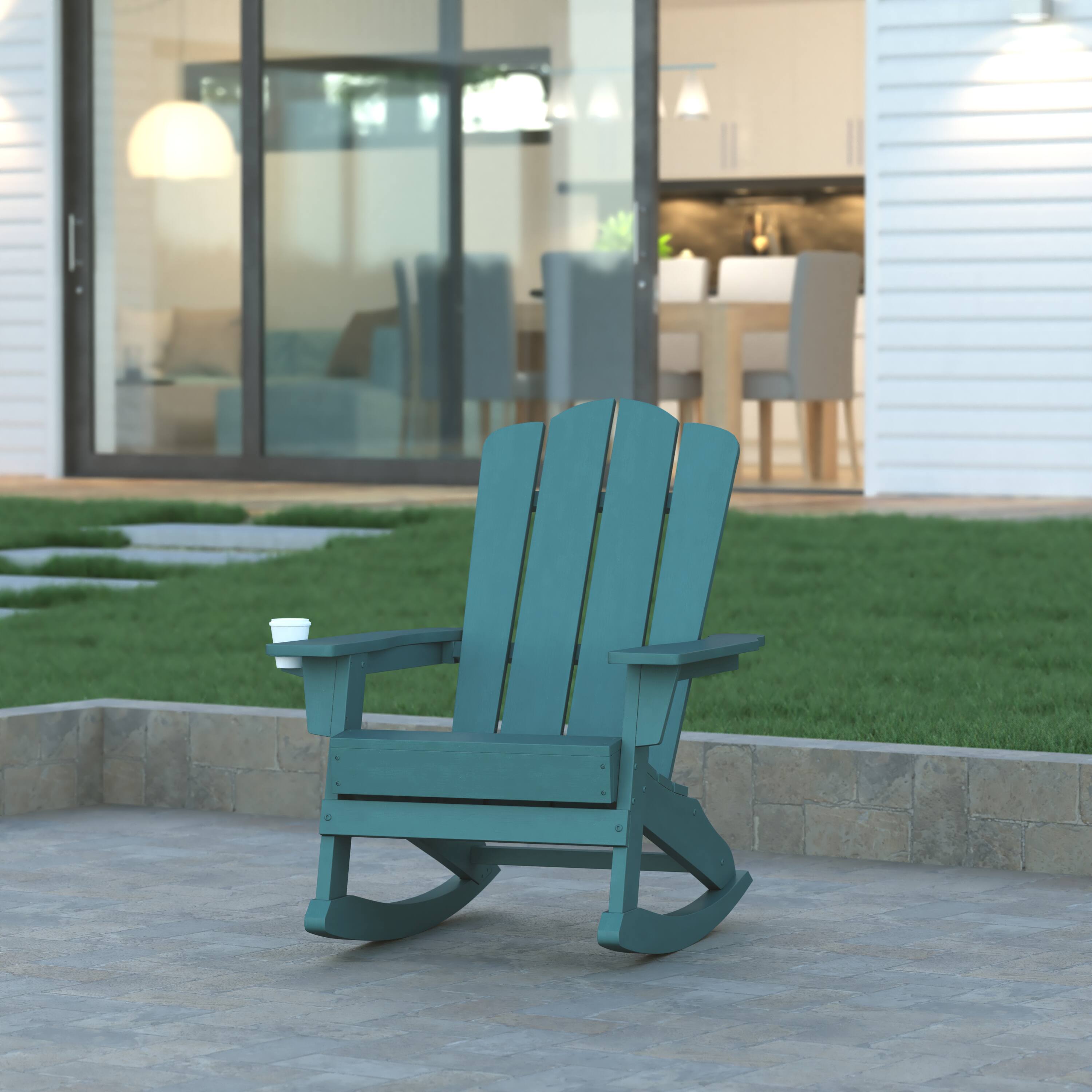 Alt View 1. Emma + Oliver - Tiverton Adirondack Rocking Chair with Cup Holder, Weather Resistant HDPE Adirondack Rocking Chair - Blue.