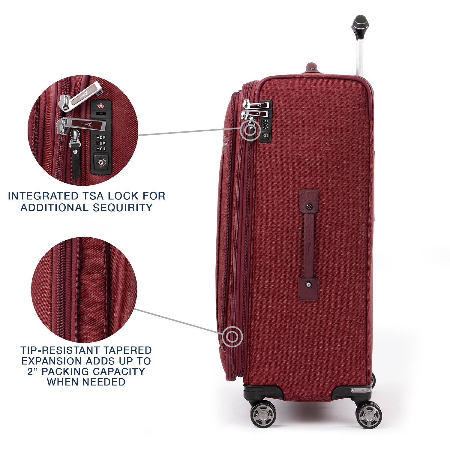 - d i 40 0 10- ) INTEGRATED TSA LOCK FOR ADDITIONAL SEQUIRITY
- TIP-RESISTANT TAPERED EXPANSION ADDS UP TO 2" PACKING CAPACITY WHEN NEEDED