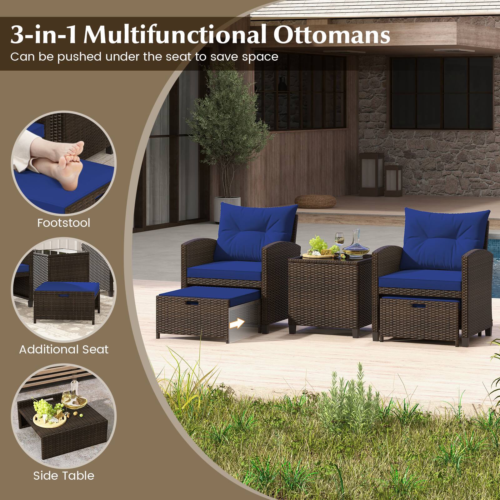 3-in-1 Multifunctional Ottomans: Can be pushed under the seat to save space, Footstool, Additional Seat, Side Table.