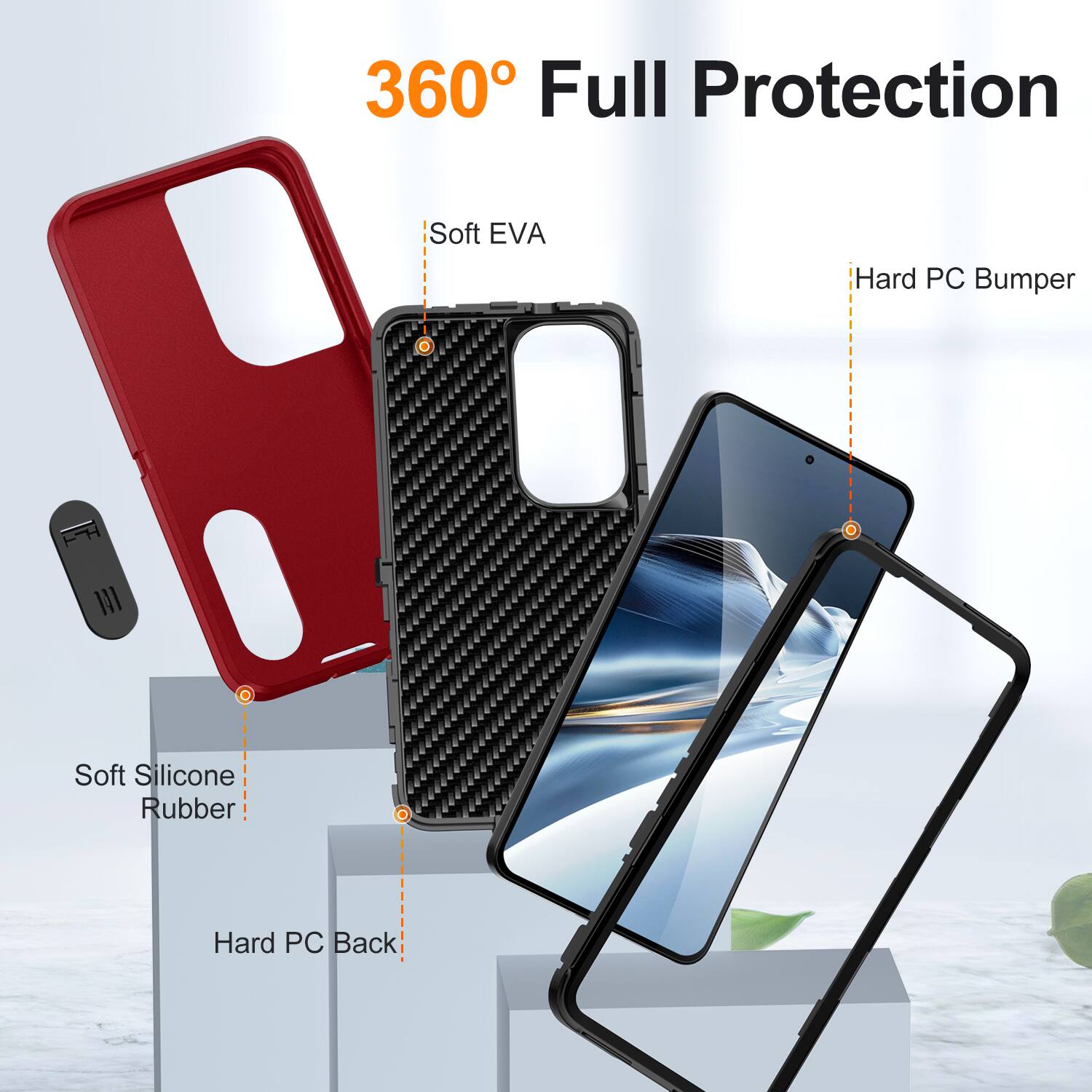 360° Full Protection

- Soft EVA
- Hard PC Bumper
- Soft Silicone Rubber
- Hard PC Back