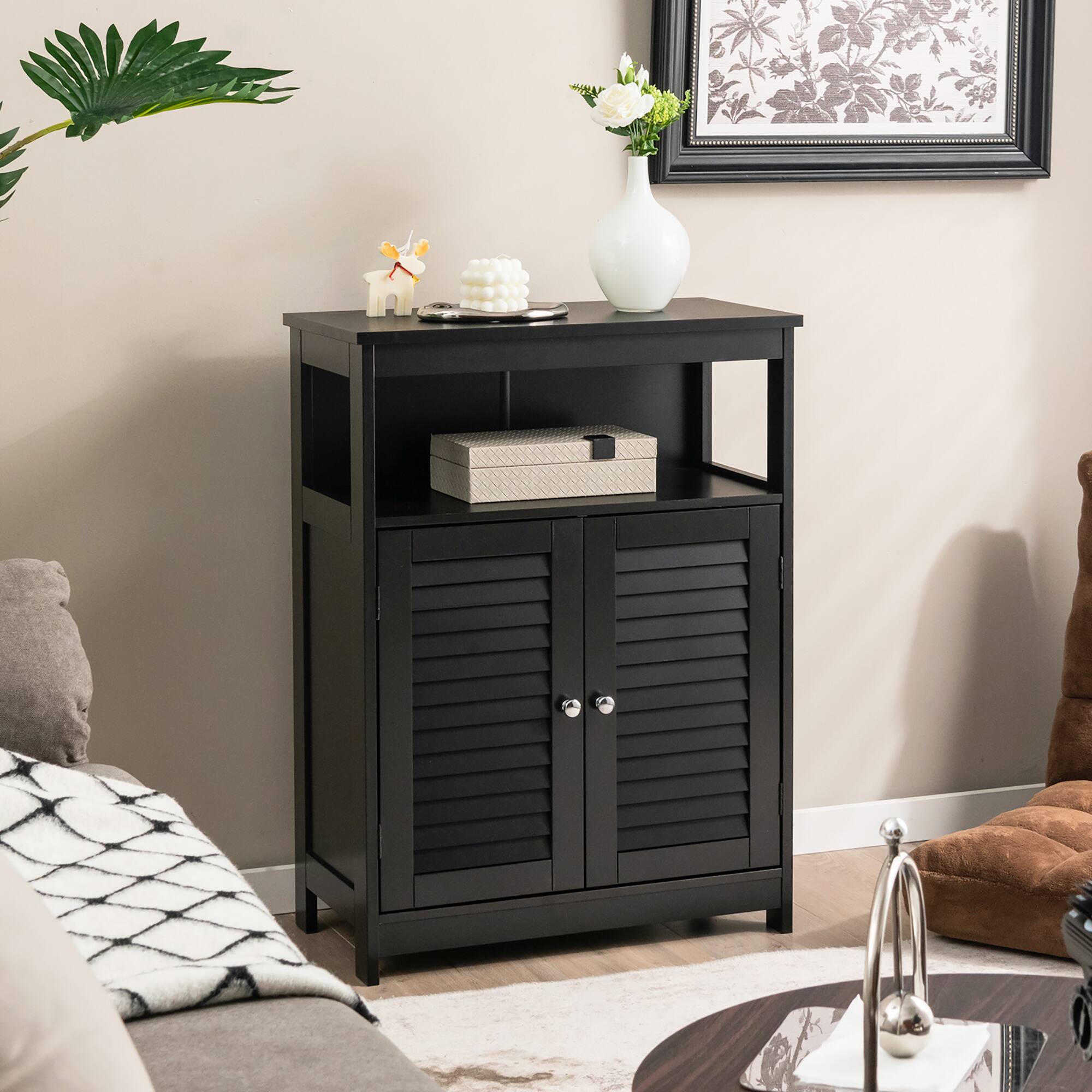 Alt View 1. Costway - Costway Bathroom Storage Wood Floor Cabinet with Double Shutter Door - Black.