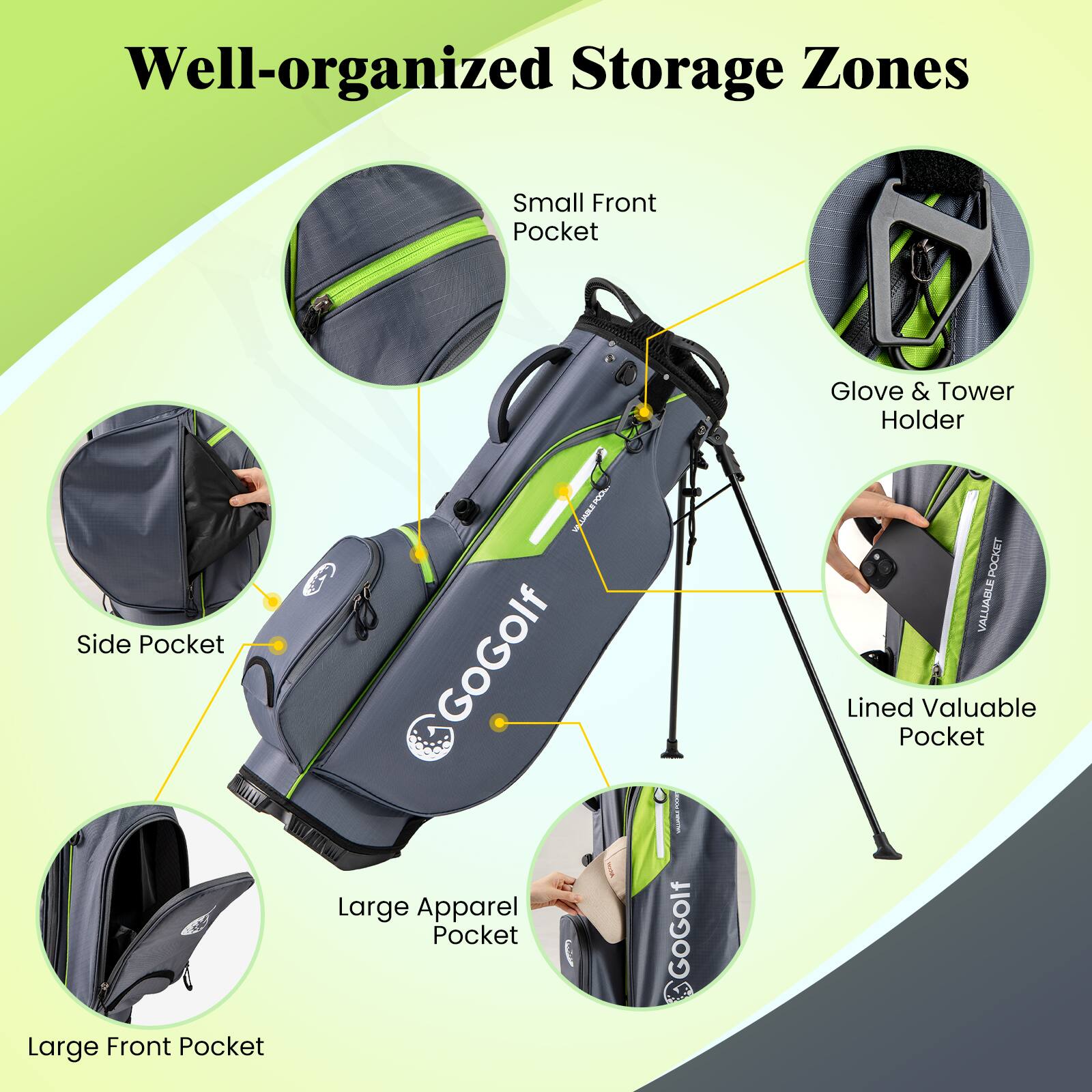 Well-organized Storage Zones

- Small Front Pocket
- Side Pocket
- Large Front Pocket
- Large Apparel Pocket
- Glove & Tower Holder
- Lined Valuable Pocket
