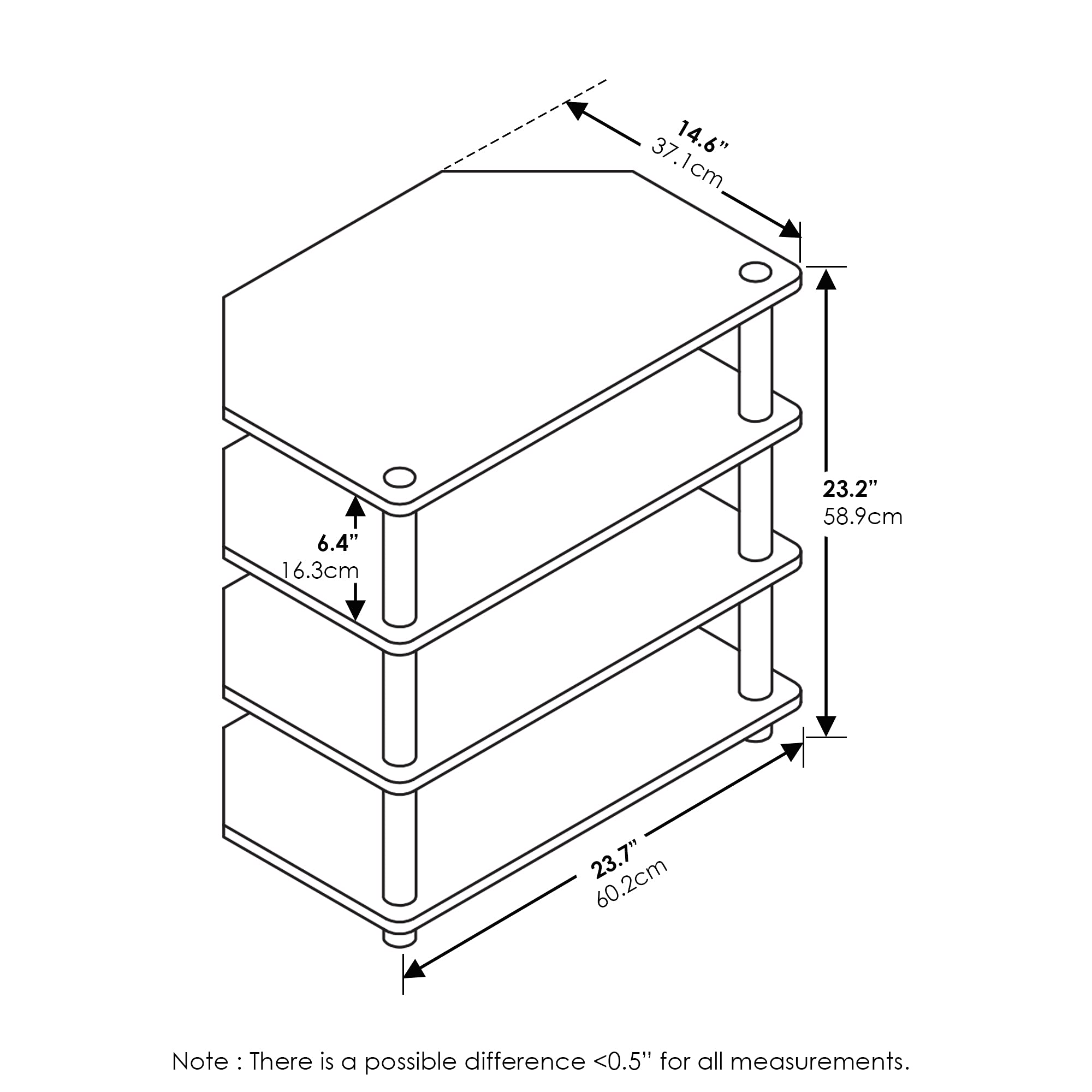 - 14.6" (37.1 cm)
- 6.4" (16.3 cm)
- 23.2" (58.9 cm)
- 23.7" (60.2 cm)

Note: There is a possible difference <0.5" for all measurements.