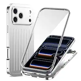 Dteck - Full Body Case for Apple iPhone 17 Pro with Built-in Glass Screen Protector, Aluminum Alloy Bumper Rugged Cover - Silver