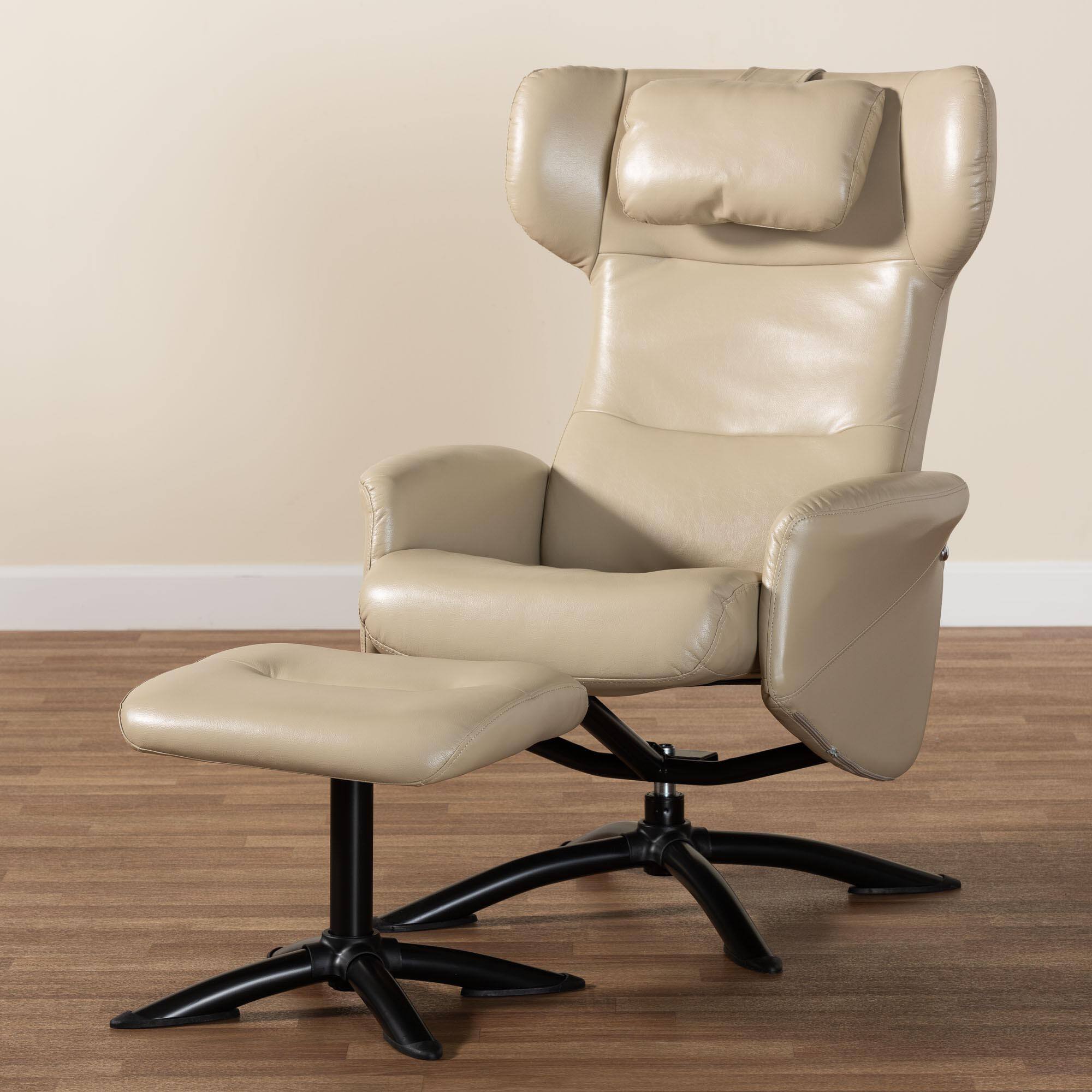 Alt View 9. Baxton Studio - Elwood Modern Faux Leather 2-Piece Lounge Chair and Footrest Set - Beige/Black.
