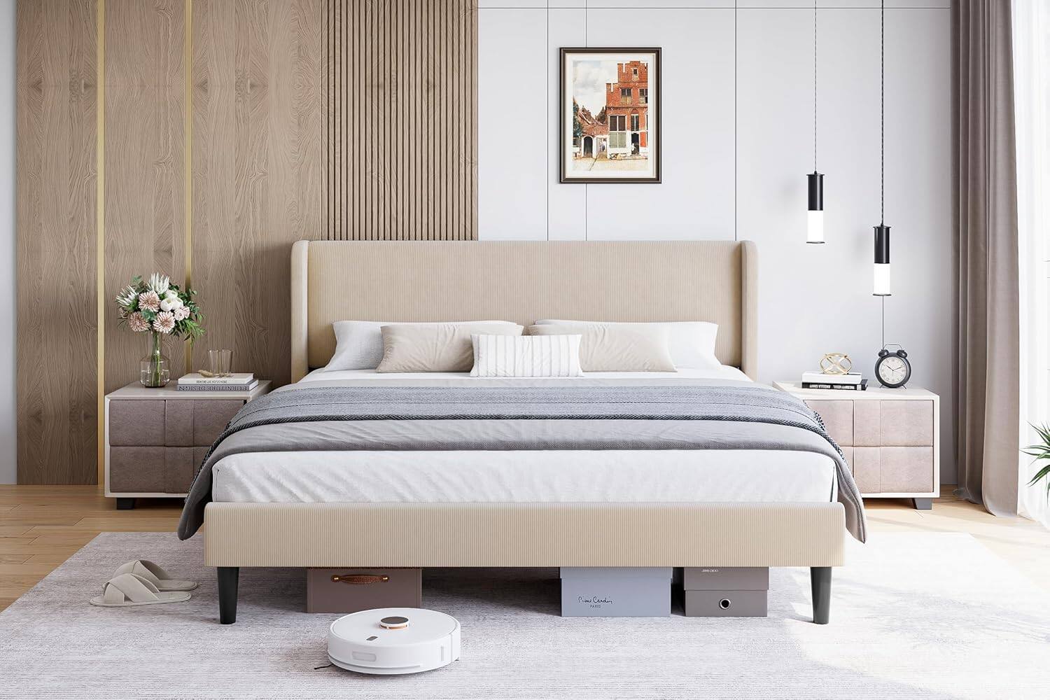 Front. GARVEE - Upholstered Bed Frame with Velvet Wingback Headboard, Platform Design, Durable Wood Slats Support - Beige.
