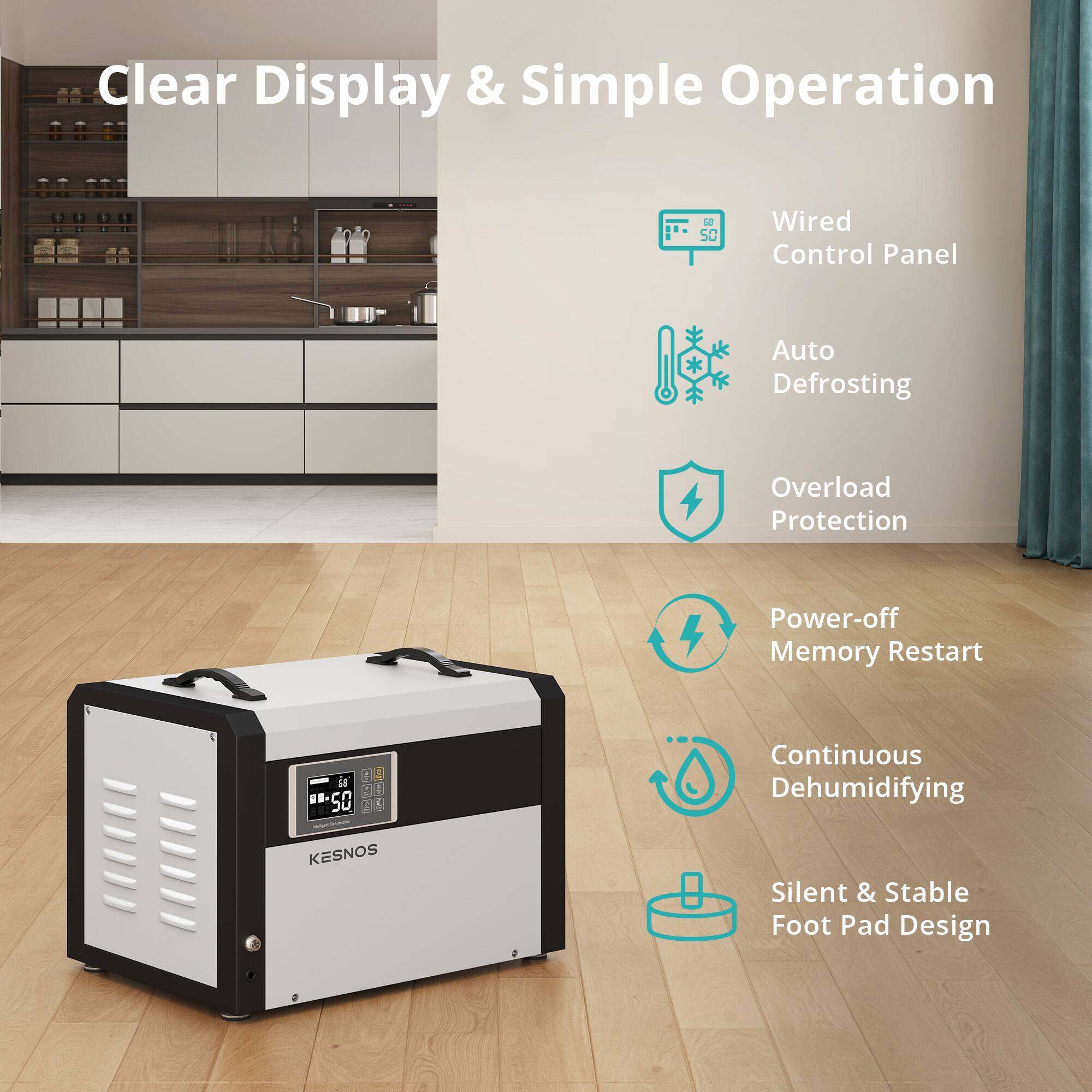 Clear Display & Simple Operation

- Wired Control Panel
- Auto Defrosting
- Overload Protection
- Power-off Memory Restart
- Continuous Dehumidifying
- Silent & Stable Foot Pad Design