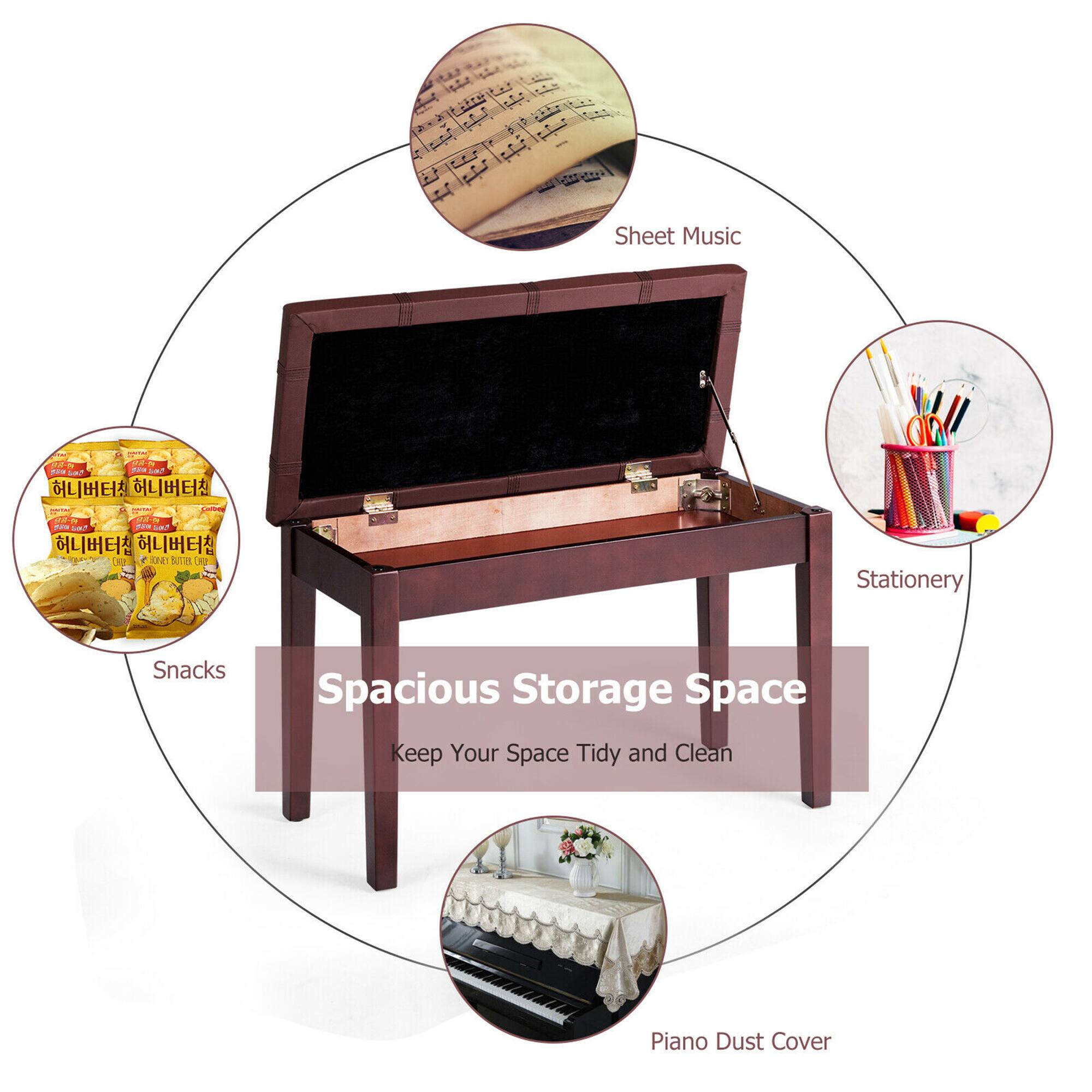 Sheet Music - Spacious Storage Space  
Keep Your Space Tidy and Clean  
Stationery  
Snacks  
Piano Dust Cover