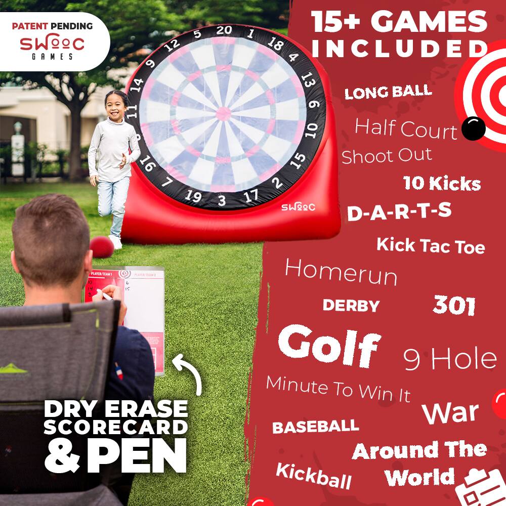 PATENT PENDING  
SWOEC GAMES  

15+ GAMES INCLUDED  
- LONG BALL  
- Half Court  
- Shoot Out  
- 10 Kicks  
- D-A-R-T-S  
- Kick Tac Toe  
- Homerun  
- DERBY  
- 301  
- Golf  
- 9 Hole  
- Minute To Win It  
- War  
- BASEBALL  
- Around The World  
- Kickball  

DRY ERASE SCORECARD & PEN