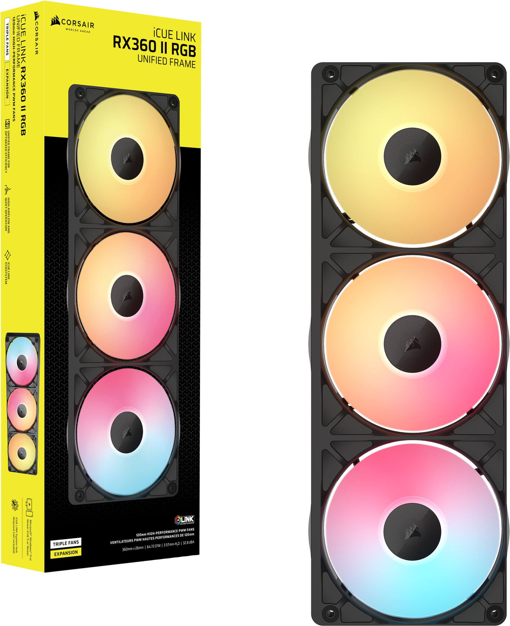 TRIPLE 128mm UNIFIED CORSAIR iCUE LINK RX360 RGB UNIFIED FRAME EXPANSION PERFOR MANCE  
iCUE_LINK_RX360 RX360 RGB OPTIMIZED EFFICIENCY HIGHTAINFLOW.AND ECOSYSTEM  
CORSAIR WORLD LIFULE CUE LINK RX360 II RGB UNIFIED FRAME LINK PMW TANS 120mm HIGH-PERFORMANCE DE 100mg PAN HAUTES PERFORMANCES TRIPLE FANS VENTILATEURS 357mm-KJ  
TRIPLE FANS EXPANSION
