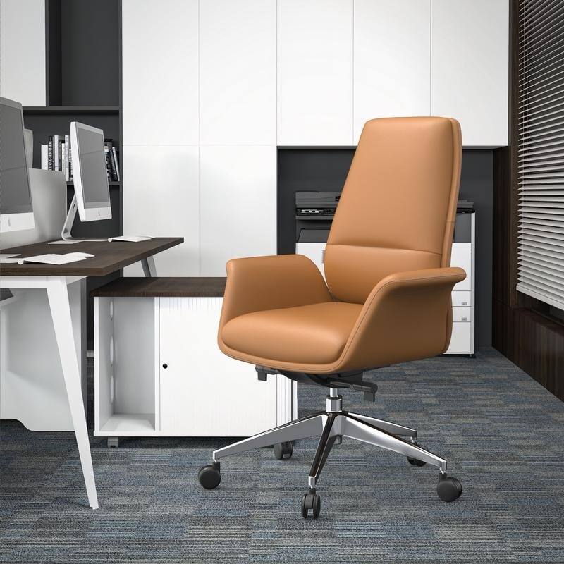 Angle. LeisureMod - Summit Leather Office Chair with Durable Metal Frame, Adjustable Height, Swivel, Tilt, and Plush Cushion Support - Acorn Brown.