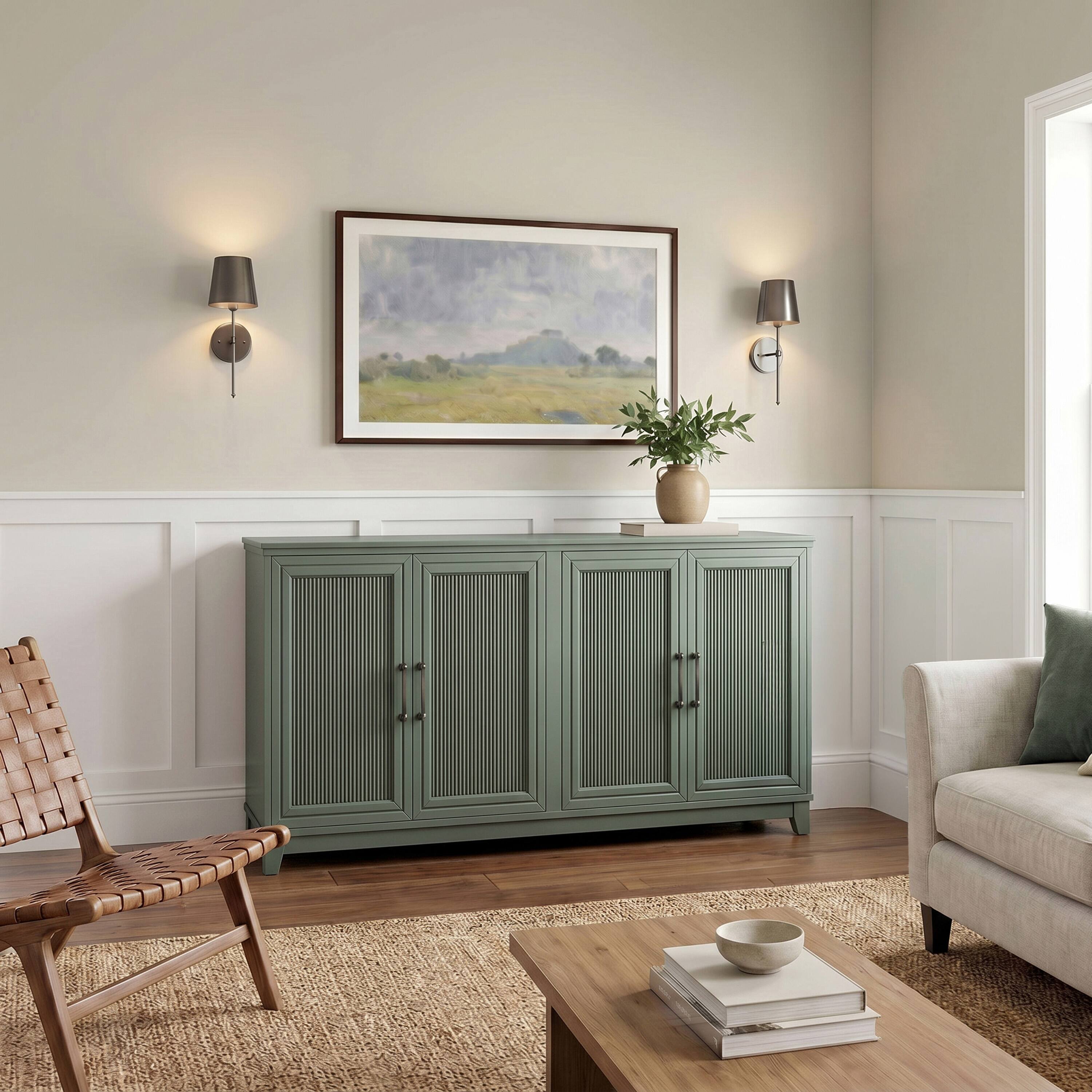 Alt View 5. Martha Stewart - Wooden 4-Door TV Stand-Adjustable Shelves-Solid Wood Frame/Legs - Fern Green Frame/Gunmetal Hardware.