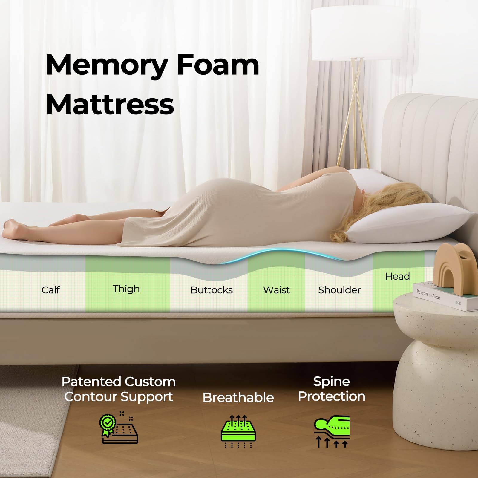 Memory Foam Mattress

Calf Thigh Buttocks Waist Shoulder Head

Patented Custom Contour Support
Breathable
Spine Protection