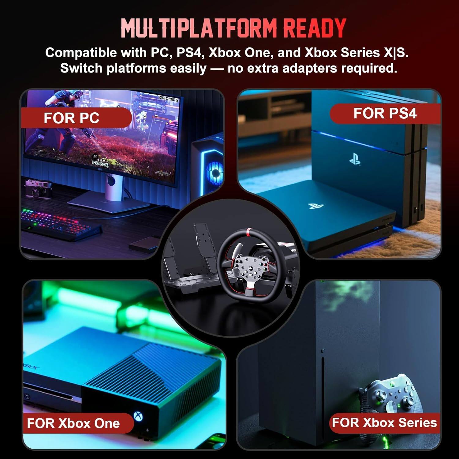 MULTIPLATFORM READY  
Compatible with PC, PS4, Xbox One, and Xbox Series X/S.  
Switch platforms easily — no extra adapters required.  

FOR PC  
FOR PS4  
FOR Xbox One  
FOR Xbox Series