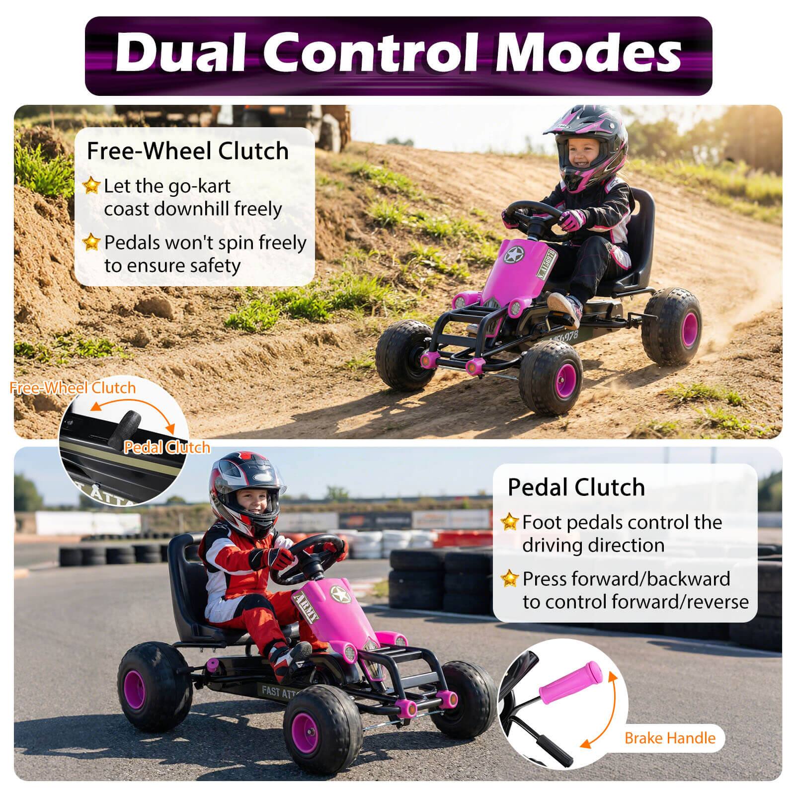 Dual Control Modes

Free-Wheel Clutch
- Let the go-kart coast downhill freely
- Pedals won't spin freely to ensure safety

Pedal Clutch
- Foot pedals control the driving direction
- Press forward/backward to control forward/reverse

Brake Handle