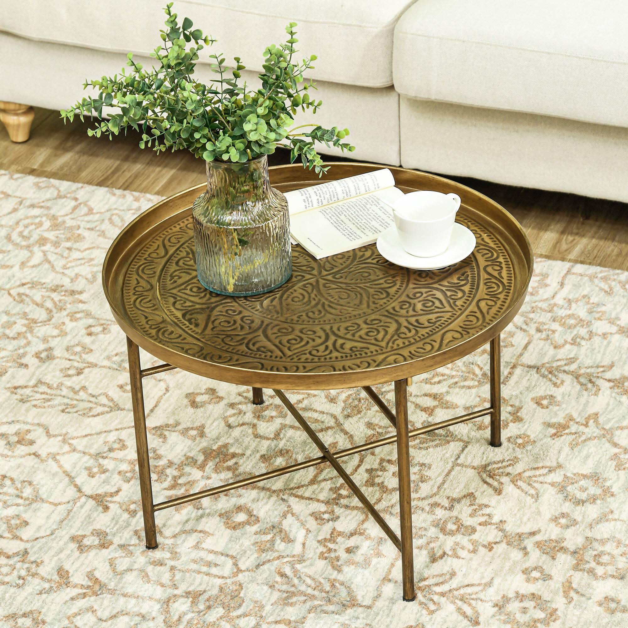 Alt View 5. Homcom - 24" Round Coffee Table w/ Hammered Tray Top, Vintage Metal Center Table for Living Room - Gold.