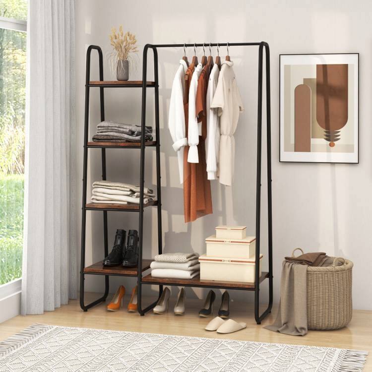 Left. Hivvago - Industrial Wood Metal Garment Rack Clothes Hanging Bar with Storage Shelves - Rustic Brown.
