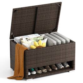 Gymax - 48 Gallon PE Wicker Rattan Deck Box w/ Shoe Rack Outdoor Storage Bin w/ Protective Liner - Mix Brown