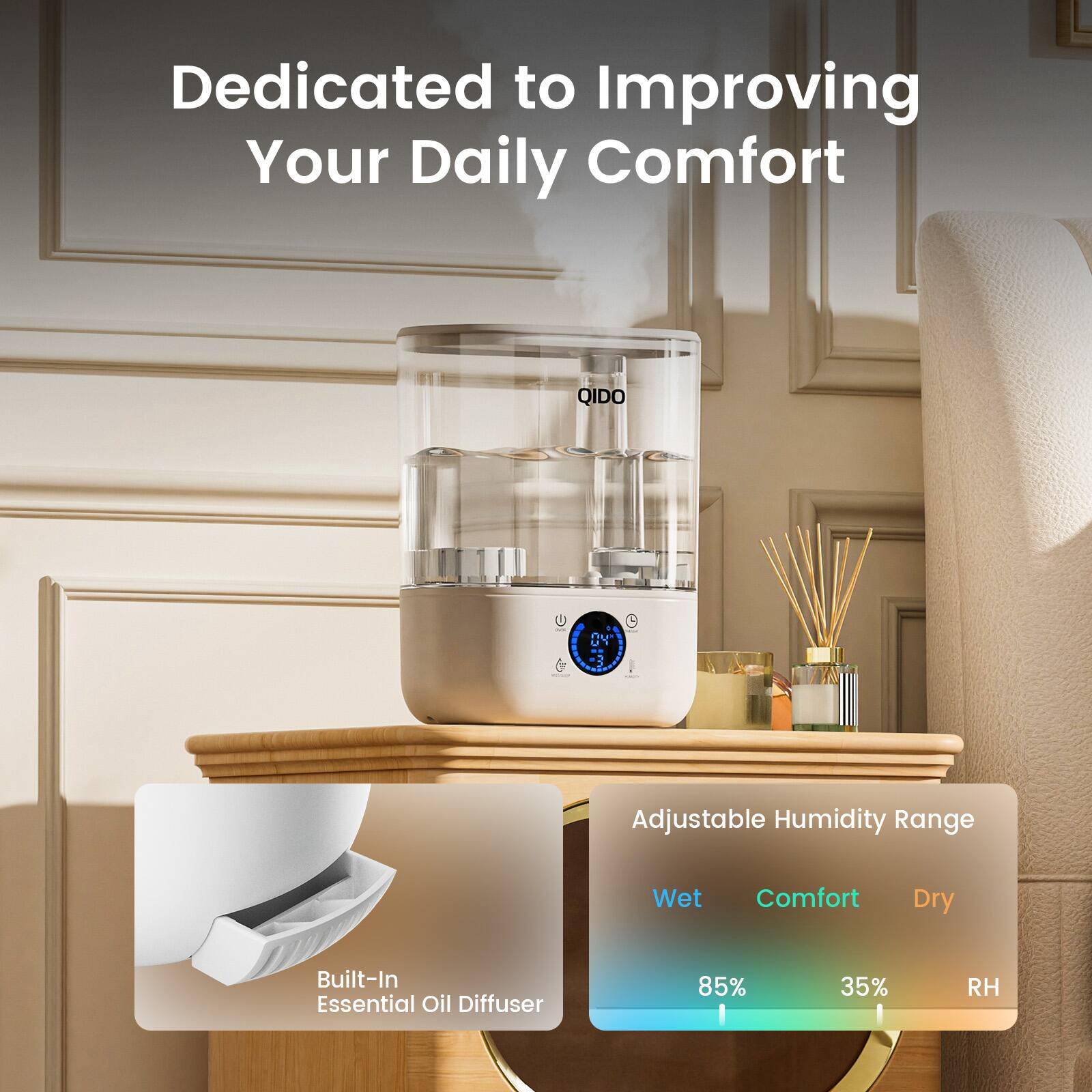 Dedicated to Improving Your Daily Comfort

Adjustable Humidity Range
Wet Comfort Dry
85% 35% RH

Built-In Essential Oil Diffuser