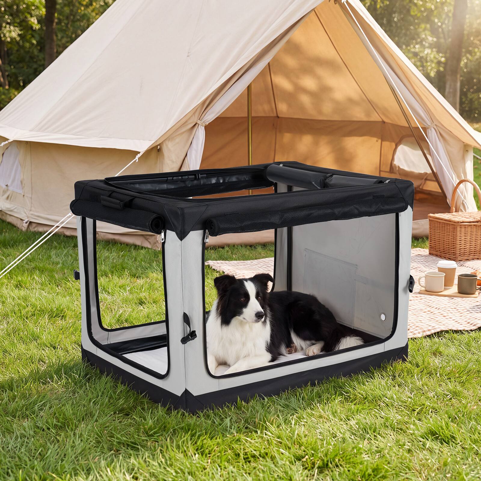 Alt View 1. Costway - Costway 36" x 25" x 25" Portable Collapsible Soft Dog Crate with 4 Mesh Doors Removable Mat.