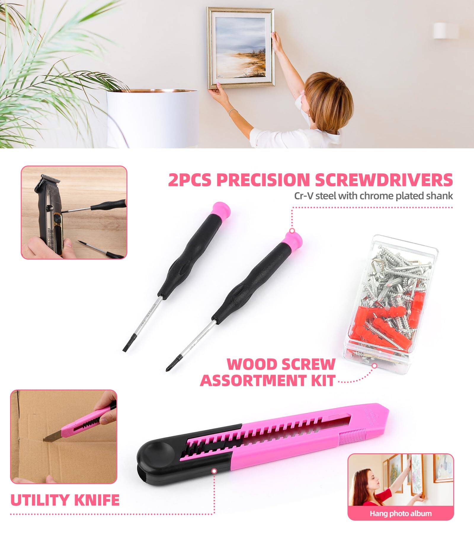 2PCS PRECISION SCREWDRIVERS  
Cr-V steel with chrome plated shank  

WOOD SCREW ASSORTMENT KIT  

UTILITY KNIFE  

Hang photo album