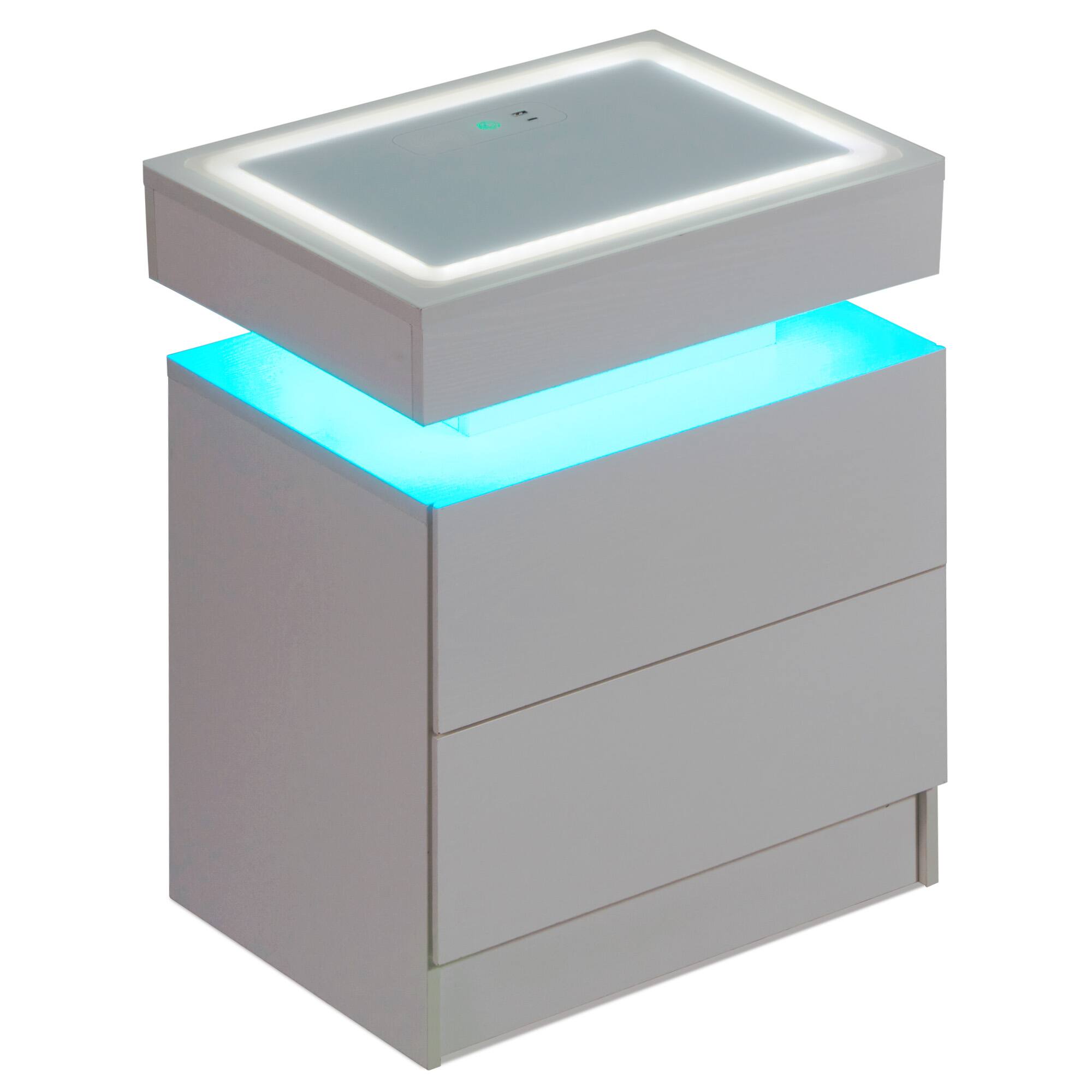Front. U-HOMY - LED Nightstand with Wireless Charging Station, Floating Bedside Table with RGB Lights, USB Ports, and Storage Drawers - White.
